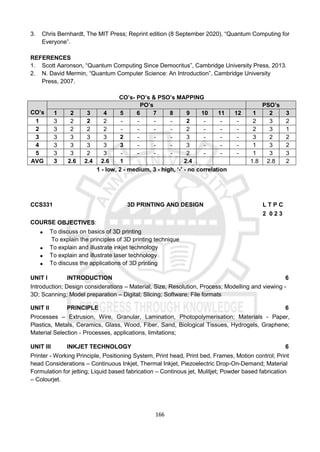 166
3. Chris Bernhardt, The MIT Press; Reprint edition (8 September 2020), “Quantum Computing for
Everyone”.
REFERENCES
1. Scott Aaronson, “Quantum Computing Since Democritus”, Cambridge University Press, 2013.
2. N. David Mermin, “Quantum Computer Science: An Introduction”, Cambridge University
Press, 2007.
CO’s- PO’s & PSO’s MAPPING
CO’s
PO’s PSO’s
1 2 3 4 5 6 7 8 9 10 11 12 1 2 3
1 3 2 2 2 - - - - 2 - - - 2 3 2
2 3 2 2 2 - - - - 2 - - - 2 3 1
3 3 3 3 3 2 - - - 3 - - - 3 2 2
4 3 3 3 3 3 - - - 3 - - - 1 3 2
5 3 3 2 3 - - - - 2 - - - 1 3 3
AVG 3 2.6 2.4 2.6 1 2.4 1.8 2.8 2
1 - low, 2 - medium, 3 - high, ‘-' - no correlation
CCS331 3D PRINTING AND DESIGN L T P C
2 0 2 3
COURSE OBJECTIVES:
 To discuss on basics of 3D printing
To explain the principles of 3D printing technique
 To explain and illustrate inkjet technology
 To explain and illustrate laser technology
 To discuss the applications of 3D printing
UNIT I INTRODUCTION 6
Introduction; Design considerations – Material, Size, Resolution, Process; Modelling and viewing -
3D; Scanning; Model preparation – Digital; Slicing; Software; File formats
UNIT II PRINCIPLE 6
Processes – Extrusion, Wire, Granular, Lamination, Photopolymerisation; Materials - Paper,
Plastics, Metals, Ceramics, Glass, Wood, Fiber, Sand, Biological Tissues, Hydrogels, Graphene;
Material Selection - Processes, applications, limitations;
UNIT III INKJET TECHNOLOGY 6
Printer - Working Principle, Positioning System, Print head, Print bed, Frames, Motion control; Print
head Considerations – Continuous Inkjet, Thermal Inkjet, Piezoelectric Drop-On-Demand; Material
Formulation for jetting; Liquid based fabrication – Continous jet, Mulitjet; Powder based fabrication
– Colourjet.
 