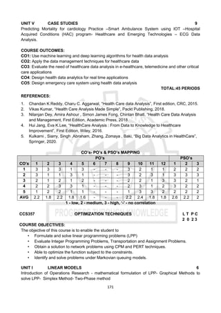 171
UNIT V CASE STUDIES 9
Predicting Mortality for cardiology Practice –Smart Ambulance System using IOT –Hospital
Acquired Conditions (HAC) program- Healthcare and Emerging Technologies – ECG Data
Analysis.
COURSE OUTCOMES:
CO1: Use machine learning and deep learning algorithms for health data analysis
CO2: Apply the data management techniques for healthcare data
CO3: Evaluate the need of healthcare data analysis in e-healthcare, telemedicine and other critical
care applications
CO4: Design health data analytics for real time applications
CO5: Design emergency care system using health data analysis
TOTAL:45 PERIODS
REFERENCES:
1. Chandan K.Reddy, Charu C. Aggarwal, “Health Care data Analysis”, First edition, CRC, 2015.
2. Vikas Kumar, “Health Care Analysis Made Simple”, Packt Publishing, 2018.
3. Nilanjan Dey, Amira Ashour , Simon James Fong, Chintan Bhatl, “Health Care Data Analysis
and Management, First Edition, Academic Press, 2018.
4. Hui Jang, Eva K.Lee, “HealthCare Analysis : From Data to Knowledge to Healthcare
Improvement”, First Edition, Wiley, 2016.
5. Kulkarni , Siarry, Singh ,Abraham, Zhang, Zomaya , Baki, “Big Data Analytics in HealthCare”,
Springer, 2020.
CO’s- PO’s & PSO’s MAPPING
CO’s
PO’s PSO’s
1 2 3 4 5 6 7 8 9 10 11 12 1 2 3
1 3 3 3 1 3 - - - 3 2 1 1 2 2 2
2 3 1 1 3 1 - - - 3 2 3 1 3 3 3
3 2 1 2 1 2 - - - 2 2 1 3 3 2 1
4 2 2 3 3 1 - - - 2 3 1 2 3 2 2
5 1 2 2 1 1 - - - 1 3 3 2 2 2 2
AVG 2.2 1.8 2.2 1.8 1.6 - - - 2.2 2.4 1.8 1.8 2.6 2.2 2
1 - low, 2 - medium, 3 - high, ‘-' - no correlation
CCS357 OPTIMIZATION TECHNIQUES L T P C
2 0 2 3
COURSE OBJECTIVES:
The objective of this course is to enable the student to
• Formulate and solve linear programming problems (LPP)
• Evaluate Integer Programming Problems, Transportation and Assignment Problems.
• Obtain a solution to network problems using CPM and PERT techniques.
• Able to optimize the function subject to the constraints.
• Identify and solve problems under Markovian queuing models.
UNIT I LINEAR MODELS 6
Introduction of Operations Research - mathematical formulation of LPP- Graphical Methods to
solve LPP- Simplex Method- Two-Phase method
 