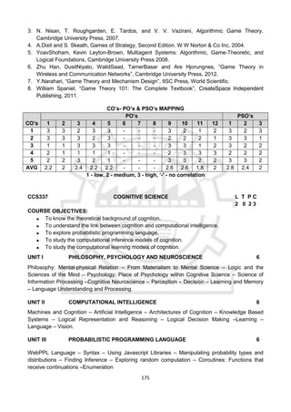 175
3. N. Nisan, T. Roughgarden, E. Tardos, and V. V. Vazirani, Algorithmic Game Theory.
Cambridge University Press, 2007.
4. A.Dixit and S. Skeath, Games of Strategy, Second Edition. W W Norton & Co Inc, 2004.
5. YoavShoham, Kevin Leyton-Brown, Multiagent Systems: Algorithmic, Game-Theoretic, and
Logical Foundations, Cambridge University Press 2008.
6. Zhu Han, DusitNiyato, WalidSaad, TamerBasar and Are Hjorungnes, “Game Theory in
Wireless and Communication Networks”, Cambridge University Press, 2012.
7. Y.Narahari, “Game Theory and Mechanism Design”, IISC Press, World Scientific.
8. William Spaniel, “Game Theory 101: The Complete Textbook”, CreateSpace Independent
Publishing, 2011.
CO’s- PO’s & PSO’s MAPPING
CO’s
PO’s PSO’s
1 2 3 4 5 6 7 8 9 10 11 12 1 2 3
1 3 3 2 3 3 - - - 3 2 1 2 3 2 3
2 3 3 3 2 3 - - - 2 2 2 1 3 3 1
3 1 1 3 3 3 - - - 3 3 1 2 3 2 2
4 2 1 1 1 1 - - - 2 3 3 3 2 2 2
5 2 2 3 2 1 - - - 3 3 2 2 3 3 2
AVG 2.2 2 2.4 2.2 2.2 - - - 2.6 2.6 1.8 2 2.8 2.4 2
1 - low, 2 - medium, 3 - high, ‘-' - no correlation
CCS337 COGNITIVE SCIENCE L T P C
2 0 2 3
COURSE OBJECTIVES:
 To know the theoretical background of cognition.
 To understand the link between cognition and computational intelligence.
 To explore probabilistic programming language.
 To study the computational inference models of cognition.
 To study the computational learning models of cognition.
UNIT I PHILOSOPHY, PSYCHOLOGY AND NEUROSCIENCE 6
Philosophy: Mental-physical Relation – From Materialism to Mental Science – Logic and the
Sciences of the Mind – Psychology: Place of Psychology within Cognitive Science – Science of
Information Processing –Cognitive Neuroscience – Perception – Decision – Learning and Memory
– Language Understanding and Processing.
UNIT II COMPUTATIONAL INTELLIGENCE 6
Machines and Cognition – Artificial Intelligence – Architectures of Cognition – Knowledge Based
Systems – Logical Representation and Reasoning – Logical Decision Making –Learning –
Language – Vision.
UNIT III PROBABILISTIC PROGRAMMING LANGUAGE 6
WebPPL Language – Syntax – Using Javascript Libraries – Manipulating probability types and
distributions – Finding Inference – Exploring random computation – Coroutines: Functions that
receive continuations –Enumeration
 