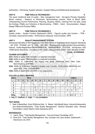181
partnership – Partnering, Supplier selection, Supplier Rating and Relationship development.
UNIT III TQM TOOLS & TECHNIQUES I 9
The seven traditional tools of quality - New management tools - Six-sigma Process Capability-
Bench marking - Reasons to benchmark, Benchmarking process, What to Bench Mark,
Understanding Current Performance, Planning, Studying Others, Learning from the data, Using
the findings, Pitfalls and Criticisms of Benchmarking - FMEA - Intent , Documentation, Stages:
Design FMEA and Process FMEA.
UNIT IV TQM TOOLS & TECHNIQUES II 9
Quality circles – Quality Function Deployment (QFD) - Taguchi quality loss function – TPM –
Concepts, improvement needs – Performance measures- Cost of Quality - BPR.
UNIT V QUALITY MANAGEMENT SYSTEM 9
Introduction-Benefits of ISO Registration-ISO 9000 Series of Standards-Sector-Specific Standards
- AS 9100, TS16949 and TL 9000-- ISO 9001 Requirements-Implementation-Documentation-
Internal Audits-Registration-ENVIRONMENTAL MANAGEMENT SYSTEM: Introduction—ISO
14000 Series Standards—Concepts of ISO 14001—Requirements of ISO 14001-Benefits of EMS.
TOTAL: 45 PERIODS
COURSE OUTCOMES:
CO1: Ability to apply TQM concepts in a selected enterprise.
CO2: Ability to apply TQM principles in a selected enterprise.
CO3: Ability to understand Six Sigma and apply Traditional tools, New tools,
Benchmarking andFMEA.
CO4: Ability to understand Taguchi's Quality Loss Function, Performance Measures and
apply QFD, TPM, COQ and BPR.
CO5: Ability to apply QMS and EMS in any organization.
CO’s-PO’s & PSO’s MAPPING
CO’s PO’s PSO’s
1 2 3 4 5 6 7 8 9 10 11 12 1 2 3
1 3 3 2 3
2 3 3 2
3 3 3 2 3
4 2 3 2 3 2 3 3 2
5 3 3 3 2
AVg. 2.5 3 3 2.6 3 2 3 3 2.5 2 3
1 - low, 2 - medium, 3 - high, ‘-“- no correlation
TEXT BOOK:
1. Dale H.Besterfiled, Carol B.Michna,Glen H. Bester field,MaryB.Sacre, HemantUrdhwareshe
and RashmiUrdhwareshe, “Total Quality Management”, Pearson Education Asia, Revised
Third Edition, Indian Reprint, Sixth Impression,2013.
REFERENCES:
1. Joel.E. Ross, “Total Quality Management – Text and Cases”,Routledge.,2017.
2. Kiran.D.R, “Total Quality Management: Key concepts and case studies, Butterworth –
Heinemann Ltd, 2016.
 
