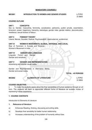 188
MANDATORY COURSES I
MX3081 INTRODUCTION TO WOMEN AND GENDER STUDIES L T P C
3 0 0 0
COURSE OUTLINE
UNIT I CONCEPTS
Sex vs. Gender, masculinity, femininity, socialization, patriarchy, public/ private, essentialism,
binaryism, power, hegemony, hierarchy, stereotype, gender roles, gender relation, deconstruction,
resistance, sexual division of labour.
UNIT II FEMINIST THEORY
Liberal, Marxist, Socialist, Radical, Psychoanalytic, postmodernist, ecofeminist.
UNIT III WOMEN’S MOVEMENTS: GLOBAL, NATIONAL AND LOCAL
Rise of Feminism in Europe and America.
Women’s Movement in India.
UNIT IV GENDER AND LANGUAGE
Linguistic Forms and Gender.
Gender and narratives.
UNIT V GENDER AND REPRESENTATION
Advertising and popular visual media.
Gender and Representation in Alternative Media.
Gender and social media.
TOTAL : 45 PERIODS
MX3082 ELEMENTS OF LITERATURE L T P C
3 0 0 0
COURSE OBJECTIVE:
 To make the students aware about the finer sensibilities of human existence through an art
form. The students will learn to appreciate different forms of literature as suitable modes of
expressing human experience.
1. COURSE CONTENTS
Introduction to Elements of Literature
1. Relevance of literature
a) Enhances Reading, thinking, discussing and writing skills.
b) Develops finer sensibility for better human relationship.
c) Increases understanding of the problem of humanity without bias.
 