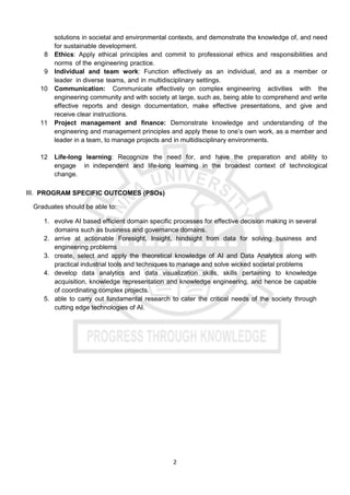 2
solutions in societal and environmental contexts, and demonstrate the knowledge of, and need
for sustainable development.
8 Ethics: Apply ethical principles and commit to professional ethics and responsibilities and
norms of the engineering practice.
9 Individual and team work: Function effectively as an individual, and as a member or
leader in diverse teams, and in multidisciplinary settings.
10 Communication: Communicate effectively on complex engineering activities with the
engineering community and with society at large, such as, being able to comprehend and write
effective reports and design documentation, make effective presentations, and give and
receive clear instructions.
11 Project management and finance: Demonstrate knowledge and understanding of the
engineering and management principles and apply these to one’s own work, as a member and
leader in a team, to manage projects and in multidisciplinary environments.
12 Life-long learning: Recognize the need for, and have the preparation and ability to
engage in independent and life-long learning in the broadest context of technological
change.
III. PROGRAM SPECIFIC OUTCOMES (PSOs)
Graduates should be able to:
1. evolve AI based efficient domain specific processes for effective decision making in several
domains such as business and governance domains.
2. arrive at actionable Foresight, Insight, hindsight from data for solving business and
engineering problems
3. create, select and apply the theoretical knowledge of AI and Data Analytics along with
practical industrial tools and techniques to manage and solve wicked societal problems
4. develop data analytics and data visualization skills, skills pertaining to knowledge
acquisition, knowledge representation and knowledge engineering, and hence be capable
of coordinating complex projects.
5. able to carry out fundamental research to cater the critical needs of the society through
cutting edge technologies of AI.
 