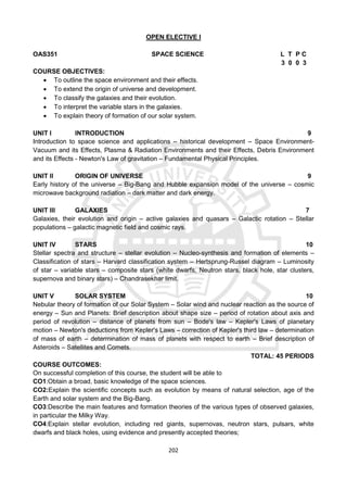 202
OPEN ELECTIVE I
OAS351 SPACE SCIENCE L T P C
3 0 0 3
COURSE OBJECTIVES:
 To outline the space environment and their effects.
 To extend the origin of universe and development.
 To classify the galaxies and their evolution.
 To interpret the variable stars in the galaxies.
 To explain theory of formation of our solar system.
UNIT I INTRODUCTION 9
Introduction to space science and applications – historical development – Space Environment-
Vacuum and its Effects, Plasma & Radiation Environments and their Effects, Debris Environment
and its Effects - Newton's Law of gravitation – Fundamental Physical Principles.
UNIT II ORIGIN OF UNIVERSE 9
Early history of the universe – Big-Bang and Hubble expansion model of the universe – cosmic
microwave background radiation – dark matter and dark energy.
UNIT III GALAXIES 7
Galaxies, their evolution and origin – active galaxies and quasars – Galactic rotation – Stellar
populations – galactic magnetic field and cosmic rays.
UNIT IV STARS 10
Stellar spectra and structure – stellar evolution – Nucleo-synthesis and formation of elements –
Classification of stars – Harvard classification system – Hertsprung-Russel diagram – Luminosity
of star – variable stars – composite stars (white dwarfs, Neutron stars, black hole, star clusters,
supernova and binary stars) – Chandrasekhar limit.
UNIT V SOLAR SYSTEM 10
Nebular theory of formation of our Solar System – Solar wind and nuclear reaction as the source of
energy – Sun and Planets: Brief description about shape size – period of rotation about axis and
period of revolution – distance of planets from sun – Bode's law – Kepler's Laws of planetary
motion – Newton's deductions from Kepler's Laws – correction of Kepler's third law – determination
of mass of earth – determination of mass of planets with respect to earth – Brief description of
Asteroids – Satellites and Comets.
TOTAL: 45 PERIODS
COURSE OUTCOMES:
On successful completion of this course, the student will be able to
CO1:Obtain a broad, basic knowledge of the space sciences.
CO2:Explain the scientific concepts such as evolution by means of natural selection, age of the
Earth and solar system and the Big-Bang.
CO3:Describe the main features and formation theories of the various types of observed galaxies,
in particular the Milky Way.
CO4:Explain stellar evolution, including red giants, supernovas, neutron stars, pulsars, white
dwarfs and black holes, using evidence and presently accepted theories;
 