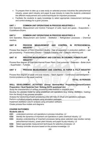 209
 To prepare them to take up a case study on selected process industries like petrochemical
industry, power plant industry and paper & pulp industry to make the students understand
the different measurement and control techniques for important processes.
 Facilitate the students to apply knowledge to select appropriate measurement technique
and control strategy for a given process.
UNIT I COMMON UNIT OPERATIONS IN PROCESS INDUSTRIES -I 9
Unit Operation, Measurement and Control:-Transport of solid, liquid and gases - Evaporators –
Crystallizers-Dryers.
UNIT II COMMON UNIT OPERATIONS IN PROCESS INDUSTRIES -II 9
Unit Operation, Measurement and Control: - Distillation – Refrigeration processes – Chemical
reactors.
UNIT III PROCESS MEASUREMENT AND CONTROL IN PETROCHEMICAL
INDUSTRY 9
Process flow diagram of Petro Chemical Industry - Gas oil separation in production platform – wet
gas processing – Fractionation Column – Catalytic Cracking unit – Catalytic reforming unit
UNIT IV PROCESS MEASUREMENT AND CONTROL IN THERMAL POWER PLANT
INDUSTRY 9
Process flow diagram of Coal fired thermal Power Plant– Coal pulverizer - Deaerator – Boiler drum
- Superheater – Turbines.
UNIT V PROCESS MEASUREMENT AND CONTROL IN PAPER & PULP INDUSTRY
9
Process flow diagram of paper and pulp industry – Batch digestor – Continuous sulphatedigestor –
Control problems on the paper machine.
TOTAL: 45 PERIODS
SKILL DEVELOPMENT ACTIVITIES (Group Seminar/Mini Project/Assignment/Content
Preparation / Quiz/ Surprise Test / Solving GATE questions/ etc) 5
Study the characteristics of various processing units involved in chemical plant.
Develop the process model by using predefined unit operations (e.g. mixing, distillation, heating)
from the library of any process simulator.
Analyse the functioning of each processing units with help of virtual unit operations packages.
Perform a physical property analysis using simulation packages
Implement distillation column analysis using simulation software.
Create process flow models and diagrams
COURSE OUTCOMES:
Students able to
CO1 understand common unit operations in process industries. L2
CO2 Identify the dynamics of important unit operations in petro chemical industry. L2
CO3 develop understanding of important processes taking place selected case studies namely
petrochemical industry, power plant industry and paper & pulp industry. L5
CO4 Select appropriate measurement techniques for selective processes. L5
CO5 Develop controller structure based on the process knowledge. L5
 