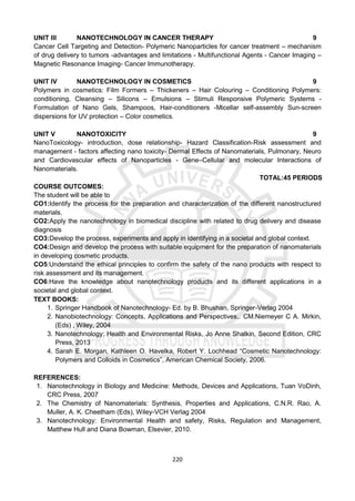 220
UNIT III NANOTECHNOLOGY IN CANCER THERAPY 9
Cancer Cell Targeting and Detection- Polymeric Nanoparticles for cancer treatment – mechanism
of drug delivery to tumors -advantages and limitations - Multifunctional Agents - Cancer Imaging –
Magnetic Resonance Imaging- Cancer Immunotherapy.
UNIT IV NANOTECHNOLOGY IN COSMETICS 9
Polymers in cosmetics: Film Formers – Thickeners – Hair Colouring – Conditioning Polymers:
conditioning, Cleansing – Silicons – Emulsions – Stimuli Responsive Polymeric Systems -
Formulation of Nano Gels, Shampoos, Hair-conditioners -Micellar self-assembly Sun-screen
dispersions for UV protection – Color cosmetics.
UNIT V NANOTOXICITY 9
NanoToxicology- introduction, dose relationship- Hazard Classification-Risk assessment and
management - factors affecting nano toxicity- Dermal Effects of Nanomaterials, Pulmonary, Neuro
and Cardiovascular effects of Nanoparticles - Gene–Cellular and molecular Interactions of
Nanomaterials.
TOTAL:45 PERIODS
COURSE OUTCOMES:
The student will be able to
CO1:Identify the process for the preparation and characterization of the different nanostructured
materials.
CO2:Apply the nanotechnology in biomedical discipline with related to drug delivery and disease
diagnosis
CO3:Develop the process, experiments and apply in identifying in a societal and global context.
CO4:Design and develop the process with suitable equipment for the preparation of nanomaterials
in developing cosmetic products.
CO5:Understand the ethical principles to confirm the safety of the nano products with respect to
risk assessment and its management.
CO6:Have the knowledge about nanotechnology products and its different applications in a
societal and global context.
TEXT BOOKS:
1. Springer Handbook of Nanotechnology- Ed. by B. Bhushan, Springer-Verlag 2004
2. Nanobiotechnology: Concepts, Applications and Perspectives,. CM.Niemeyer C A. Mirkin,
(Eds) , Wiley, 2004
3. Nanotechnology: Health and Environmental Risks, Jo Anne Shatkin, Second Edition, CRC
Press, 2013
4. Sarah E. Morgan, Kathleen O. Havelka, Robert Y. Lochhead “Cosmetic Nanotechnology:
Polymers and Colloids in Cosmetics”, American Chemical Society, 2006.
REFERENCES:
1. Nanotechnology in Biology and Medicine: Methods, Devices and Applications, Tuan VoDinh,
CRC Press, 2007
2. The Chemistry of Nanomaterials: Synthesis, Properties and Applications, C.N.R. Rao, A.
Muller, A. K. Cheetham (Eds), Wiley-VCH Verlag 2004
3. Nanotechnology: Environmental Health and safety, Risks, Regulation and Management,
Matthew Hull and Diana Bowman, Elsevier, 2010.
 