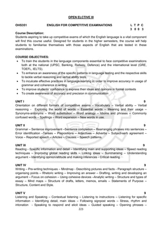 223
OPEN ELCTIVE III
OHS351 ENGLISH FOR COMPETITIVE EXAMINATIONS L T P C
3 0 0 3
Course Description:
Students aspiring to take up competitive exams of which the English language is a vital component
will find this course useful. Designed for students in the higher semesters, the course will help
students to familiarise themselves with those aspects of English that are tested in these
examinations.
COURSE OBJECTIVES:
 To train the students in the language components essential to face competitive examinations
both at the national (UPSC, Banking, Railway, Defence) and the international level (GRE,
TOEFL, IELTS).
 To enhance an awareness of the specific patterns in language testing and the respective skills
to tackle verbal reasoning and verbal ability tests.
 To inculcate effective practices in language-learning in order to improve accuracy in usage of
grammar and coherence in writing.
 To improve students’ confidence to express their ideas and opinions in formal contexts
 To create awareness of accuracy and precision in communication
UNIT I 9
Orientation on different formats of competitive exams - Vocabulary – Verbal ability – Verbal
reasoning - Exploring the world of words – Essential words – Meaning and their usage –
Synonyms-antonyms – Word substitution – Word analogy – Idioms and phrases – Commonly
confused words – Spellings – Word expansion – New words in use.
UNIT II 9
Grammar – Sentence improvement –Sentence completion – Rearranging phrases into sentences –
Error identification –Tenses – Prepositions – Adjectives – Adverbs – Subject-verb agreement –
Voice – Reported speech – Articles – Clauses – Speech patterns.
UNIT III 9
Reading - Specific information and detail – Identifying main and supporting ideas – Speed reading
techniques – Improving global reading skills – Linking ideas – Summarising – Understanding
argument – Identifying opinion/attitude and making inferences - Critical reading.
UNIT IV 9
Writing – Pre-writing techniques – Mindmap - Describing pictures and facts - Paragraph structure –
organising points – Rhetoric writing – Improving an answer – Drafting, writing and developing an
argument – Focus on cohesion – Using cohesive devices –Analytic writing – Structure and types of
essay – Mind maps – Structure of drafts, letters, memos, emails – Statements of Purpose –
Structure, Content and Style.
UNIT V 9
Listening and Speaking – Contextual listening – Listening to instructions – Listening for specific
information – Identifying detail, main ideas – Following signpost words – Stress, rhythm and
intonation - Speaking to respond and elicit ideas – Guided speaking – Opening phrases –
 