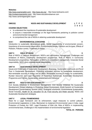 225
Websites
http://www.examenglish.com/, http://www.ets.org/ , http://www.bankxams.com/
http://civilservicesmentor.com/, http://www.educationobserver.com
http://www.cambridgeenglish.org/in/
OMG352 NGOS AND SUSTAINABLE DEVELOPMENT L T P C
3 0 0 3
COURSE OBJECTIVES
 to understand the importance of sustainable development
 to acquire a reasonable knowledge on the legal frameworks pertaining to pollution control
and environmental management
 to comprehend the role of NGOs in attaining sustainable development
Unit I ENVIRONMENTAL CONCERNS 9
Introduction to sustainable development goals, Global responsibility of environmental concern,
Importance of environmental preservation, Environmental threats, Pollution and its types, Effects of
Pollution, Pollution control, Treatment of wastes
UNIT II ROLE OF NGOS 9
Role of NGO’s in national development, NGO’s and participatory management, Challenges and
limitations of NGO’s, Community Development programmes, Role of NGO’s in Community
Development programmes, Participation of NGO’s in environment management, Corporate Social
responsibility, NGO’s and corporate social responsibility
UNIT III SUSTAINABLE DEVELOPMENT 9
Issues and Challenges of Sustainable Development, Bioenergy, Sustainable Livelihoods and Rural
Poor in Sustainable Development, Protecting ecosystem services for sustainable development,
Non-renewable sources of energy and its effect, Renewable sources of energy for sustainability,
Nuclear resources and Legal Regulation of Hazardous Substances, Sustainable Development:
Programme and Policies, Sustainability assessment and Indicators
UNIT IV NGO’S FOR SUSTAINABILITY 9
Civil Society Initiatives in Environment Management, Civil Society Initiatives for Sustainable
Development, Global Initiatives in Protecting Global Environment, World Summit on Sustainable
Development (Johannesburg Summit 2002), Ecological economics, Environmental sustainability,
Social inclusion, Health for all, education for all, Food security and Water security, NGOs and
Sustainable Development strategies
UNIT V LEGAL FRAMEWORKS 9
Need for a Legal framework and its enforcement, Legal measures to control pollution,
Environmental Legislations in India, Mechanism to implement Environmental Laws in India, Legal
Protection of Forests Act 1927, Legal Protection of Wild Life, Role of NGO’s in implementing
environmental laws, Challenges in the implementation of environmental legislation
TOTAL 45 : PERIODS
 