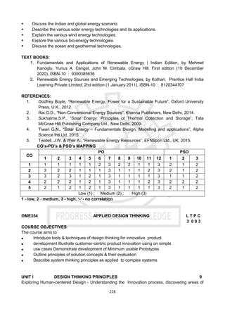 228
 Discuss the Indian and global energy scenario.
 Describe the various solar energy technologies and its applications.
 Explain the various wind energy technologies.
 Explore the various bio-energy technologies.
 Discuss the ocean and geothermal technologies.
TEXT BOOKS:
1. Fundamentals and Applications of Renewable Energy | Indian Edition, by Mehmet
Kanoglu, Yunus A. Cengel, John M. Cimbala, cGraw Hill; First edition (10 December
2020), ISBN-10 : 9390385636
2. Renewable Energy Sources and Emerging Technologies, by Kothari, Prentice Hall India
Learning Private Limited; 2nd edition (1 January 2011), ISBN-10 : 8120344707
REFERENCES:
1. Godfrey Boyle, “Renewable Energy, Power for a Sustainable Future”, Oxford University
Press, U.K., 2012.
2. Rai.G.D., “Non-Conventional Energy Sources”, Khanna Publishers, New Delhi, 2014.
3. Sukhatme.S.P., “Solar Energy: Principles of Thermal Collection and Storage”, Tata
McGraw Hill Publishing Company Ltd., New Delhi, 2009.
4. Tiwari G.N., “Solar Energy – Fundamentals Design, Modelling and applications”, Alpha
Science Intl Ltd, 2015.
5. Twidell, J.W. & Weir A., “Renewable Energy Resources”, EFNSpon Ltd., UK, 2015.
CO’s-PO’s & PSO’s MAPPING
CO
PO PSO
1 2 3 4 5 6 7 8 9 10 11 12 1 2 3
1 1 1 1 1 1 2 3 2 2 1 1 3 2 1 2
2 3 2 2 1 1 1 3 1 1 1 2 3 2 1 2
3 3 2 3 1 2 1 3 1 1 1 1 3 1 1 2
4 2 2 2 1 2 1 3 1 1 1 2 3 2 2 2
5 2 1 2 1 2 1 3 1 1 1 1 3 2 1 2
Low (1) ; Medium (2) ; High (3)
1 - low, 2 - medium, 3 - high, ‘-“- no correlation
OME354 APPLIED DESIGN THINKING L T P C
3 0 0 3
COURSE OBJECTIVES:
The course aims to
 Introduce tools & techniques of design thinking for innovative product
 development Illustrate customer-centric product innovation using on simple
 use cases Demonstrate development of Minimum usable Prototypes
 Outline principles of solution concepts & their evaluation
 Describe system thinking principles as applied to complex systems
UNIT I DESIGN THINKING PRINCIPLES 9
Exploring Human-centered Design - Understanding the Innovation process, discovering areas of
 