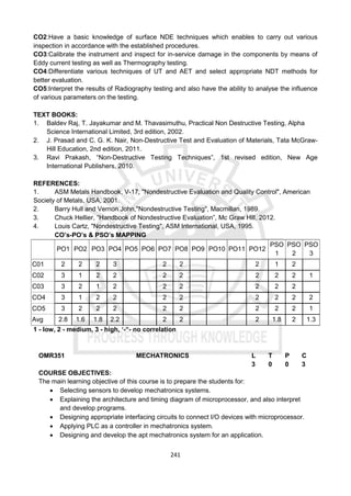 241
CO2:Have a basic knowledge of surface NDE techniques which enables to carry out various
inspection in accordance with the established procedures.
CO3:Calibrate the instrument and inspect for in-service damage in the components by means of
Eddy current testing as well as Thermography testing.
CO4:Differentiate various techniques of UT and AET and select appropriate NDT methods for
better evaluation.
CO5:Interpret the results of Radiography testing and also have the ability to analyse the influence
of various parameters on the testing.
TEXT BOOKS:
1. Baldev Raj, T. Jayakumar and M. Thavasimuthu, Practical Non Destructive Testing, Alpha
Science International Limited, 3rd edition, 2002.
2. J. Prasad and C. G. K. Nair, Non-Destructive Test and Evaluation of Materials, Tata McGraw-
Hill Education, 2nd edition, 2011.
3. Ravi Prakash, “Non-Destructive Testing Techniques”, 1st revised edition, New Age
International Publishers, 2010.
REFERENCES:
1. ASM Metals Handbook, V-17, "Nondestructive Evaluation and Quality Control", American
Society of Metals, USA, 2001.
2. Barry Hull and Vernon John,"Nondestructive Testing", Macmillan, 1989.
3. Chuck Hellier, “Handbook of Nondestructive Evaluation”, Mc Graw Hill, 2012.
4. Louis Cartz, "Nondestructive Testing", ASM International, USA, 1995.
CO’s-PO’s & PSO’s MAPPING
PO1 PO2 PO3 PO4 PO5 PO6 PO7 PO8 PO9 PO10 PO11 PO12
PSO
1
PSO
2
PSO
3
C01 2 2 2 3 2 2 2 1 2
C02 3 1 2 2 2 2 2 2 2 1
C03 3 2 1 2 2 2 2 2 2
CO4 3 1 2 2 2 2 2 2 2 2
CO5 3 2 2 2 2 2 2 2 2 1
Avg 2.8 1.6 1.8 2.2 2 2 2 1.8 2 1.3
1 - low, 2 - medium, 3 - high, ‘-“- no correlation
OMR351 MECHATRONICS L T P C
3 0 0 3
COURSE OBJECTIVES:
The main learning objective of this course is to prepare the students for:
 Selecting sensors to develop mechatronics systems.
 Explaining the architecture and timing diagram of microprocessor, and also interpret
and develop programs.
 Designing appropriate interfacing circuits to connect I/O devices with microprocessor.
 Applying PLC as a controller in mechatronics system.
 Designing and develop the apt mechatronics system for an application.
 