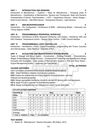 242
UNIT I INTRODUCTION AND SENSORS 9
Introduction to Mechatronics – Systems – Need for Mechatronics – Emerging areas of
Mechatronics – Classification of Mechatronics. Sensors and Transducers: Static and Dynamic
Characteristics of Sensor, Potentiometers – LVDT – Capacitance Sensors – Strain Gauges –
Eddy Current Sensor – Hall Effect Sensor –Temperature Sensors – Light Sensors.
UNIT II 8085 MICROPROCESSOR 9
Introduction – Pin Configuration - Architecture of 8085 – Addressing Modes – Instruction set,
Timing diagram of 8085.
UNIT III PROGRAMMABLE PERIPHERAL INTERFACE 9
Introduction – Architecture of 8255, Keyboard Interfacing, LED display – Interfacing, ADC and
DAC Interface, Temperature Control – Stepper Motor Control – Traffic Control Interface.
UNIT IV PROGRAMMABLE LOGIC CONTROLLER 9
Introduction – Architecture – Input / Output Processing – Programming with Timers, Counters
and Internal relays – Data Handling – Selection of PLC.
UNIT V ACTUATORS AND MECHATRONICS SYSTEM DESIGN 9
Types of Stepper and Servo motors – Construction – Working Principle – Characteristics,
Stages of Mechatronics Design Process – Comparison of Traditional and Mechatronics Design
Concepts with Examples – Case studies of Mechatronics Systems – Pick and Place Robot –
Engine Management system – Automatic Car Park Barrier.
TOTAL: 45 PERIODS
COURSE OUTCOMES
Upon successful completion of the course, students should be able to:
CO1: Select sensors to develop mechatronics systems.
CO2: Explain the architecture and timing diagram of microprocessor, and also
interpret and develop programs.
CO3: Design appropriate interfacing circuits to connect I/O devices with microprocessor.
CO 4: Apply PLC as a controller in mechatronics system.
CO 5: Design and develop the apt mechatronics system for an application.
CO’s-PO’s & PSO’s MAPPING
COs/POs &
PSOs
POs PSOs
1 2 3 4 5 6 7 8 9 10 11 12 1 2 3
CO1 3 2 1 3 2 2 3 2 3
CO2 3 2 1 3 2 2 3 2 3
CO3 3 2 1 3 2 2 3 2 3
CO4 3 2 1 3 2 2 3 2 3
CO5 3 2 1 3 2 2 3 2 3
CO/PO & PSO
Average
3 2 1 3 2 2 3 2 3
1 - low, 2 - medium, 3 - high, ‘-“- no correlation
TEXT BOOKS
1. Bolton W., “Mechatronics”, Pearson Education, 6th Edition, 2015.
 