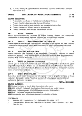 245
5. 5. Jazar, “Theory of Applied Robotics: Kinematics, Dynamics and Control”, Springer
India reprint, 2010.
OAE352 FUNDAMENTALS OF AERONAUTICAL ENGINEERING L T P C
3 0 0 3
COURSE OBJECTIVES:
 To acquire the knowledge on the Historical evaluation of Airplanes
 To learn the different component systems and functions
 To know the concepts of basic properties and principles behind the flight
 To learn the basics of different structures & construction
 To learn the various types of power plants used in aircrafts
UNIT I HISTORY OF FLIGHT 8
Balloon flight-ornithopter-Early Airplanes by Wright Brothers, biplanes and monoplanes,
Developments in aerodynamics, materials, structures and propulsion over the years.
UNIT II AIRCRAFT CONFIGURATIONS AND ITS CONTROLS 10
Different types of flight vehicles, classifications-Components of an airplane and their functions-
Conventional control, powered control- Basic instruments for flying-Typical systems for control
actuation.
UNIT III BASICS OF AERODYNAMICS 9
Physical Properties and structures of the Atmosphere, Temperature, pressure and altitude
relationships, Newton’s Law of Motions applied to Aeronautics-Evolution of lift, drag and moment.
Aerofoils, Mach number, Maneuvers.
UNIT IV BASICS OF AIRCRAFT STRUCTURES 9
General types of construction, Monocoque, semi-monocoque and geodesic constructions, typical
wing and fuselage structure. Metallic and non-metallic materials. Use of Aluminium alloy, titanium,
stainless steel and composite materials. Stresses and strains-Hooke’s law- stress-strain diagrams-
elastic constants-Factor of Safety.
UNIT V BASICS OF PROPULSION 9
Basic ideas about piston, turboprop and jet engines – use of propeller and jets for thrust
production- Comparative merits, Principle of operation of rocket, types of rocket and typical
applications, Exploration into space.
TOTAL : 45 PERIODS
COURSE OUTCOMES:
CO1:Illustrate the history of aircraft & developments over the years
CO2:Ability to identify the types & classifications of components and control systems
CO3:Explain the basic concepts of flight & Physical properties of Atmosphere
CO4:Identify the types of fuselage and constructions.
CO5:Distinguish the types of Engines and explain the principles of Rocket
TEXT BOOKS
1. Anderson, J.D., Introduction to Flight, McGraw-Hill; 8th edition , 2015
2. E Rathakrishnan, “Introduction to Aerospace Engineering: Basic Principles of Flight”, John
Wiley, NJ, 2021
 