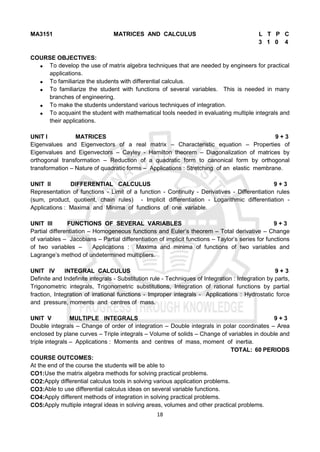 18
MA3151 MATRICES AND CALCULUS L T P C
3 1 0 4
COURSE OBJECTIVES:
 To develop the use of matrix algebra techniques that are needed by engineers for practical
applications.
 To familiarize the students with differential calculus.
 To familiarize the student with functions of several variables. This is needed in many
branches of engineering.
 To make the students understand various techniques of integration.
 To acquaint the student with mathematical tools needed in evaluating multiple integrals and
their applications.
UNIT I MATRICES 9 + 3
Eigenvalues and Eigenvectors of a real matrix – Characteristic equation – Properties of
Eigenvalues and Eigenvectors – Cayley - Hamilton theorem – Diagonalization of matrices by
orthogonal transformation – Reduction of a quadratic form to canonical form by orthogonal
transformation – Nature of quadratic forms – Applications : Stretching of an elastic membrane.
UNIT II DIFFERENTIAL CALCULUS 9 + 3
Representation of functions - Limit of a function - Continuity - Derivatives - Differentiation rules
(sum, product, quotient, chain rules) - Implicit differentiation - Logarithmic differentiation -
Applications : Maxima and Minima of functions of one variable.
UNIT III FUNCTIONS OF SEVERAL VARIABLES 9 + 3
Partial differentiation – Homogeneous functions and Euler’s theorem – Total derivative – Change
of variables – Jacobians – Partial differentiation of implicit functions – Taylor’s series for functions
of two variables – Applications : Maxima and minima of functions of two variables and
Lagrange’s method of undetermined multipliers.
UNIT IV INTEGRAL CALCULUS 9 + 3
Definite and Indefinite integrals - Substitution rule - Techniques of Integration : Integration by parts,
Trigonometric integrals, Trigonometric substitutions, Integration of rational functions by partial
fraction, Integration of irrational functions - Improper integrals - Applications : Hydrostatic force
and pressure, moments and centres of mass.
UNIT V MULTIPLE INTEGRALS 9 + 3
Double integrals – Change of order of integration – Double integrals in polar coordinates – Area
enclosed by plane curves – Triple integrals – Volume of solids – Change of variables in double and
triple integrals – Applications : Moments and centres of mass, moment of inertia.
TOTAL: 60 PERIODS
COURSE OUTCOMES:
At the end of the course the students will be able to
CO1:Use the matrix algebra methods for solving practical problems.
CO2:Apply differential calculus tools in solving various application problems.
CO3:Able to use differential calculus ideas on several variable functions.
CO4:Apply different methods of integration in solving practical problems.
CO5:Apply multiple integral ideas in solving areas, volumes and other practical problems.
 