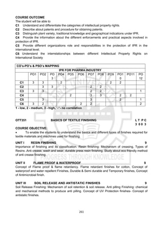 261
COURSE OUTCOME
The student will be able to
C1 Understand and differentiate the categories of intellectual property rights.
C2 Describe about patents and procedure for obtaining patents.
C3 Distinguish plant variety, traditional knowledge and geographical indications under IPR.
C4 Provide the information about the different enforcements and practical aspects involved in
protection of IPR.
C5 Provide different organizations role and responsibilities in the protection of IPR in the
international level.
C6 Understand the interrelationships between different Intellectual Property Rights on
International Society
CO’s-PO’s & PSO’s MAPPING
IPR FOR PHARMA INDUSTRY
PO1 PO2 PO
3
PO4 PO5 PO6 PO7 PO8 PO9 PO1
0
PO11 PO
12
C1 3 3 2 2 2
C2 3 3 2 2
C3 3 3 2 2 1
C4 2 3 3 2 2
C5 3 3 2 1
C6 3 2 2 2 2
1 - low, 2 - medium, 3 - high, ‘-“- no correlation
OTT351 BASICS OF TEXTILE FINISHING L T P C
3 0 0 3
COURSE OBJECTIVE:
 To enable the students to understand the basics and different types of finishes required for
textile materials and machines used for finishing.
UNIT I RESIN FINISHING 9
Importance of finishing and its classification. Resin finishing: Mechanism of creasing, Types of
Resins .Anti crease, wash and wear, durable press resin finishing. Study about eco friendly method
of anti crease finishing.
UNIT II FLAME PROOF & WATERPROOF 9
Concept of Flame proof & flame retardancy. Flame retardant finishes for cotton, Concept of
waterproof and water repellent Finishes, Durable & Semi durable and Temporary finishes, Concept
of Antimicrobial finish.
UNIT III SOIL RELEASE AND ANTISTATIC FINISHES 9
Soil Release Finishing: Mechanism of soil retention & soil release. Anti pilling Finishing: chemical
and mechanical methods to produce anti pilling. Concept of UV Protection finishes- Concept of
antistatic finishes.
 