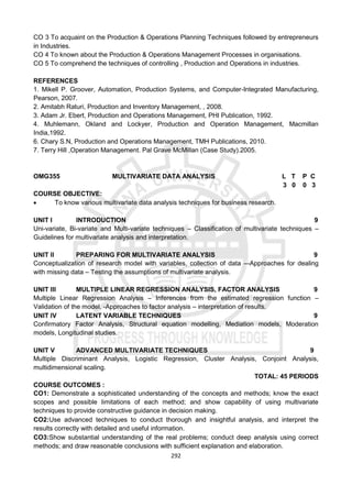 292
CO 3 To acquaint on the Production & Operations Planning Techniques followed by entrepreneurs
in Industries.
CO 4 To known about the Production & Operations Management Processes in organisations.
CO 5 To comprehend the techniques of controlling , Production and Operations in industries.
REFERENCES
1. Mikell P. Groover, Automation, Production Systems, and Computer-Integrated Manufacturing,
Pearson, 2007.
2. Amitabh Raturi, Production and Inventory Management, , 2008.
3. Adam Jr. Ebert, Production and Operations Management, PHI Publication, 1992.
4. Muhlemann, Okland and Lockyer, Production and Operation Management, Macmillan
India,1992.
6. Chary S.N, Production and Operations Management, TMH Publications, 2010.
7. Terry Hill ,Operation Management. Pal Grave McMillan (Case Study).2005.
OMG355 MULTIVARIATE DATA ANALYSIS L T P C
3 0 0 3
COURSE OBJECTIVE:
 To know various multivariate data analysis techniques for business research.
UNIT I INTRODUCTION 9
Uni-variate, Bi-variate and Multi-variate techniques – Classification of multivariate techniques –
Guidelines for multivariate analysis and interpretation.
UNIT II PREPARING FOR MULTIVARIATE ANALYSIS 9
Conceptualization of research model with variables, collection of data –-Approaches for dealing
with missing data – Testing the assumptions of multivariate analysis.
UNIT III MULTIPLE LINEAR REGRESSION ANALYSIS, FACTOR ANALYSIS 9
Multiple Linear Regression Analysis – Inferences from the estimated regression function –
Validation of the model. -Approaches to factor analysis – interpretation of results.
UNIT IV LATENT VARIABLE TECHNIQUES 9
Confirmatory Factor Analysis, Structural equation modelling, Mediation models, Moderation
models, Longitudinal studies.
UNIT V ADVANCED MULTIVARIATE TECHNIQUES 9
Multiple Discriminant Analysis, Logistic Regression, Cluster Analysis, Conjoint Analysis,
multidimensional scaling.
TOTAL: 45 PERIODS
COURSE OUTCOMES :
CO1: Demonstrate a sophisticated understanding of the concepts and methods; know the exact
scopes and possible limitations of each method; and show capability of using multivariate
techniques to provide constructive guidance in decision making.
CO2:Use advanced techniques to conduct thorough and insightful analysis, and interpret the
results correctly with detailed and useful information.
CO3:Show substantial understanding of the real problems; conduct deep analysis using correct
methods; and draw reasonable conclusions with sufficient explanation and elaboration.
 