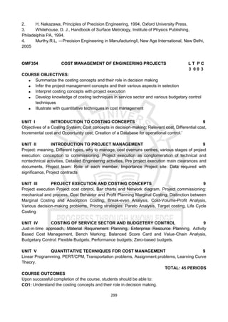 299
2. H. Nakazawa, Principles of Precision Engineering, 1994, Oxford University Press.
3. Whitehouse, D. J., Handbook of Surface Metrology, Institute of Physics Publishing,
Philadelphia PA, 1994.
4. Murthy.R.L, ―Precision Engineering in Manufacturing‖, New Age International, New Delhi,
2005
OMF354 COST MANAGEMENT OF ENGINEERING PROJECTS L T P C
3 0 0 3
COURSE OBJECTIVES:
 Summarize the costing concepts and their role in decision making
 Infer the project management concepts and their various aspects in selection
 Interpret costing concepts with project execution
 Develop knowledge of costing techniques in service sector and various budgetary control
techniques
 Illustrate with quantitative techniques in cost management
UNIT I INTRODUCTION TO COSTING CONCEPTS 9
Objectives of a Costing System; Cost concepts in decision-making; Relevant cost, Differential cost,
Incremental cost and Opportunity cost; Creation of a Database for operational control.’
UNIT II INTRODUCTION TO PROJECT MANAGEMENT 9
Project: meaning, Different types, why to manage, cost overruns centres, various stages of project
execution: conception to commissioning. Project execution as conglomeration of technical and
nontechnical activities, Detailed Engineering activities, Pre project execution main clearances and
documents, Project team: Role of each member, Importance Project site: Data required with
significance, Project contracts
UNIT III PROJECT EXECUTION AND COSTING CONCEPTS 9
Project execution Project cost control, Bar charts and Network diagram, Project commissioning:
mechanical and process, Cost Behavior and Profit Planning Marginal Costing; Distinction between
Marginal Costing and Absorption Costing; Break-even Analysis, Cost-Volume-Profit Analysis,
Various decision-making problems, Pricing strategies: Pareto Analysis, Target costing, Life Cycle
Costing
UNIT IV COSTING OF SERVICE SECTOR AND BUDGETERY CONTROL 9
Just-in-time approach, Material Requirement Planning, Enterprise Resource Planning, Activity
Based Cost Management, Bench Marking; Balanced Score Card and Value-Chain Analysis,
Budgetary Control: Flexible Budgets; Performance budgets; Zero-based budgets.
UNIT V QUANTITATIVE TECHNIQUES FOR COST MANAGEMENT 9
Linear Programming, PERT/CPM, Transportation problems, Assignment problems, Learning Curve
Theory.
TOTAL: 45 PERIODS
COURSE OUTCOMES
Upon successful completion of the course, students should be able to:
CO1: Understand the costing concepts and their role in decision making.
 
