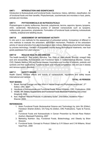 341
UNIT I INTRODUCTION AND SIGNIFICANCE 6
Introduction to Nutraceuticals and functional foods; importance, history, definition, classification, list
of functional foods and their benefits, Phytochemicals, zoochemicals and microbes in food, plants,
animals and microbes.
UNIT II PHYTOCHEMICALS AS NUTRACEUTICALS 11
Phytoestrogens in plants; isoflavones; flavonols, polyphenols, tannins, saponins, lignans, lycopene,
chitin, caratenoids. Manufacturing practice of selected nutraceuticals such as lycopene,
isoflavonoids, glucosamine, phytosterols. Formulation of functional foods containing nutraceuticals
- stability, analytical and labelling issues.
UNIT III ASSESSMENT OF ANTIOXIDANT ACTIVITY 11
In vitro and in vivo methods for the assessment of antioxidant activity, Comparison of different in
vitro methods to evaluate the antioxidant, antioxidant mechanism, Prediction of the antioxidant
activity of natural phenolics from electrotopological state indices, Optimising phytochemical release
by process technology; Variation of Antioxidant Activity during technological treatments, new food
grade peptidases from plant sources.
UNIT IV ROLE IN HEALTH AND DISEASE 11
The health benefit of - Soy protein, Spirulina, Tea, Olive oil, plant sterols, Broccoli, omega3 fatty
acid and eicosanoids. Nutraceuticals and Functional foods in Gastrointestinal disorder, Cancer,
CVD, Diabetic Mellitus, HIV and Dental disease; Importance and function of probiotic, prebiotic and
synbiotic and their applications, Functional foods and immune competence; role and use in obesity
and nervous system disorders.
UNIT V SAFETY ISSUES 6
Health Claims, Adverse effects and toxicity of nutraceuticals, regulations and safety issues
International and national.
TOTAL: 45 PERIODS
TEXT BOOKS:
1. Bisset, Normal Grainger and Max Wich H “Herbal Drugs and Phytopharmaceuticals”, 2nd
Edition, CRC, 2001.
2. Handbook of Nutraceuticals and Functional Foods: Robert Wildman, CRC, Publications. 2006
3. WEBB, PP, Dietary Supplements and Functional Foods Blackwell Publishing Ltd (United
Kingdom), 2006
4. Ikan, Raphael “Natural Products: A Laboratory Guide”, 2nd Edition, Academic Press /
Elsevier, 2005.
REFERENCES:
1. Asian Functional Foods (Nutraceutical Science and Technology) by John Shi (Editor),
Fereidoon Shahidi (Editor), Chi-Tang Ho (Editor), CRC Publications, Taylor & Francis,
2007
2. Functional Foods and Nutraceuticals in Cancer Prevention by Ronald Ross Watson
(Author), Blackwell Publishing, 2007
3. Marketing Nutrition: Soy, Functional Foods, Biotechnology, and Obesity by Brian
Wansink.
4. Functional foods: Concept to Product: Edited by G R Gibson and C M Williams, Wood
head Publ., 2000
 