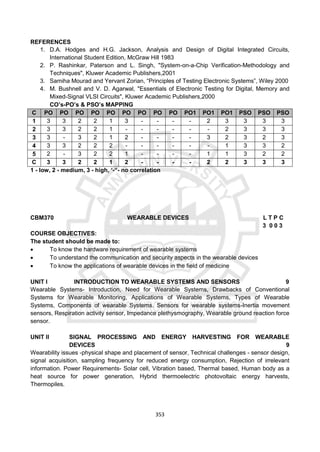 353
REFERENCES
1. D.A. Hodges and H.G. Jackson, Analysis and Design of Digital Integrated Circuits,
International Student Edition, McGraw Hill 1983
2. P. Rashinkar, Paterson and L. Singh, "System-on-a-Chip Verification-Methodology and
Techniques", Kluwer Academic Publishers,2001
3. Samiha Mourad and Yervant Zorian, “Principles of Testing Electronic Systems”, Wiley 2000
4. M. Bushnell and V. D. Agarwal, "Essentials of Electronic Testing for Digital, Memory and
Mixed-Signal VLSI Circuits", Kluwer Academic Publishers,2000
CO’s-PO’s & PSO’s MAPPING
C
O
PO
1
PO
2
PO
3
PO
4
PO
5
PO
6
PO
7
PO
8
PO
9
PO1
0
PO1
1
PO1
2
PSO
1
PSO
2
PSO
3
1 3 3 2 2 1 3 - - - - 2 3 3 3 3
2 3 3 2 2 1 - - - - - - 2 3 3 3
3 3 - 3 2 1 2 - - - - 3 2 3 2 3
4 3 3 2 2 2 - - - - - - 1 3 3 2
5 2 - 3 2 2 1 - - - - 1 1 3 2 2
C
O
3 3 2 2 1 2 - - - - 2 2 3 3 3
1 - low, 2 - medium, 3 - high, ‘-“- no correlation
CBM370 WEARABLE DEVICES L T P C
3 0 0 3
COURSE OBJECTIVES:
The student should be made to:
 To know the hardware requirement of wearable systems
 To understand the communication and security aspects in the wearable devices
 To know the applications of wearable devices in the field of medicine
UNIT I INTRODUCTION TO WEARABLE SYSTEMS AND SENSORS 9
Wearable Systems- Introduction, Need for Wearable Systems, Drawbacks of Conventional
Systems for Wearable Monitoring, Applications of Wearable Systems, Types of Wearable
Systems, Components of wearable Systems. Sensors for wearable systems-Inertia movement
sensors, Respiration activity sensor, Impedance plethysmography, Wearable ground reaction force
sensor.
UNIT II SIGNAL PROCESSING AND ENERGY HARVESTING FOR WEARABLE
DEVICES 9
Wearability issues -physical shape and placement of sensor, Technical challenges - sensor design,
signal acquisition, sampling frequency for reduced energy consumption, Rejection of irrelevant
information. Power Requirements- Solar cell, Vibration based, Thermal based, Human body as a
heat source for power generation, Hybrid thermoelectric photovoltaic energy harvests,
Thermopiles.
 