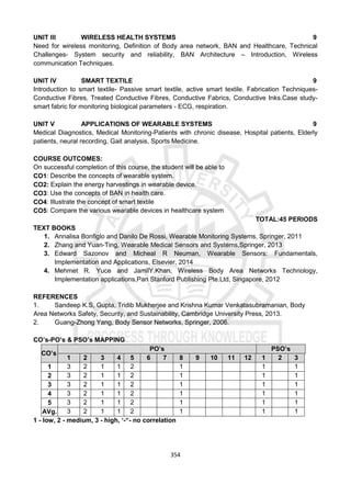 354
UNIT III WIRELESS HEALTH SYSTEMS 9
Need for wireless monitoring, Definition of Body area network, BAN and Healthcare, Technical
Challenges- System security and reliability, BAN Architecture – Introduction, Wireless
communication Techniques.
UNIT IV SMART TEXTILE 9
Introduction to smart textile- Passive smart textile, active smart textile. Fabrication Techniques-
Conductive Fibres, Treated Conductive Fibres, Conductive Fabrics, Conductive Inks.Case study-
smart fabric for monitoring biological parameters - ECG, respiration.
UNIT V APPLICATIONS OF WEARABLE SYSTEMS 9
Medical Diagnostics, Medical Monitoring-Patients with chronic disease, Hospital patients, Elderly
patients, neural recording, Gait analysis, Sports Medicine.
COURSE OUTCOMES:
On successful completion of this course, the student will be able to
CO1: Describe the concepts of wearable system.
CO2: Explain the energy harvestings in wearable device.
CO3: Use the concepts of BAN in health care.
CO4: Illustrate the concept of smart textile
CO5: Compare the various wearable devices in healthcare system
TOTAL:45 PERIODS
TEXT BOOKS
1. Annalisa Bonfiglo and Danilo De Rossi, Wearable Monitoring Systems, Springer, 2011
2. Zhang and Yuan-Ting, Wearable Medical Sensors and Systems,Springer, 2013
3. Edward Sazonov and Micheal R Neuman, Wearable Sensors: Fundamentals,
Implementation and Applications, Elsevier, 2014
4. Mehmet R. Yuce and JamilY.Khan, Wireless Body Area Networks Technology,
Implementation applications,Pan Stanford Publishing Pte.Ltd, Singapore, 2012
REFERENCES
1. Sandeep K.S, Gupta, Tridib Mukherjee and Krishna Kumar Venkatasubramanian, Body
Area Networks Safety, Security, and Sustainability, Cambridge University Press, 2013.
2. Guang-Zhong Yang, Body Sensor Networks, Springer, 2006.
CO’s-PO’s & PSO’s MAPPING
CO’s
PO’s PSO’s
1 2 3 4 5 6 7 8 9 10 11 12 1 2 3
1 3 2 1 1 2 1 1 1
2 3 2 1 1 2 1 1 1
3 3 2 1 1 2 1 1 1
4 3 2 1 1 2 1 1 1
5 3 2 1 1 2 1 1 1
AVg. 3 2 1 1 2 1 1 1
1 - low, 2 - medium, 3 - high, ‘-“- no correlation
 