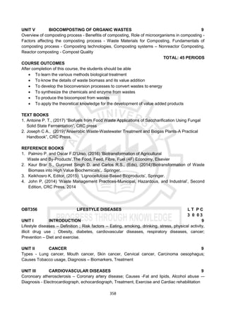 358
UNIT V BIOCOMPOSTING OF ORGANIC WASTES 9
Overview of composting process - Benefitis of composting, Role of microorganisms in composting -
Factors affecting the composting process - Waste Materials for Composting, Fundamentals of
composting process - Composting technologies, Composting systems – Nonreactor Composting,
Reactor composting - Compost Quality
TOTAL: 45 PERIODS
COURSE OUTCOMES
After completion of this course, the students should be able
 To learn the various methods biological treatment
 To know the details of waste biomass and its value addition
 To develop the bioconversion processes to convert wastes to energy
 To synthesize the chemicals and enzyme from wastes
 To produce the biocompost from wastes
 To apply the theoretical knowledge for the development of value added products
TEXT BOOKS
1. Antoine P. T., (2017) “Biofuels from Food Waste Applications of Saccharification Using Fungal
Solid State Fermentation”, CRC press
2. Joseph C A., (2019)“Anaerobic Waste-Wastewater Treatment and Biogas Plants-A Practical
Handbook”, CRC Press,
REFERENCE BOOKS
1. Palmiro P. and Oscar F.D’Urso, (2016) ‘Biotransformation of Agricultural
Waste and By-Products’,The Food, Feed, Fibre, Fuel (4F) Economy, Elsevier
2. Kaur Brar S., Gurpreet Singh D. and Carlos R.S., (Eds), (2014)‘Biotransformation of Waste
Biomass into High Value Biochemicals’, Springer.
3. Keikhosro K, Editor, (2015) ‘Lignocellulose-Based Bioproducts’, Springer.
4. John P, (2014) ‘Waste Management Practices-Municipal, Hazardous, and Industrial’, Second
Edition, CRC Press, 2014
OBT356 LIFESTYLE DISEASES L T P C
3 0 0 3
UNIT I INTRODUCTION 9
Lifestyle diseases – Definition ; Risk factors – Eating, smoking, drinking, stress, physical activity,
illicit drug use ; Obesity, diabetes, cardiovascular diseases, respiratory diseases, cancer;
Prevention – Diet and exercise.
UNIT II CANCER 9
Types - Lung cancer, Mouth cancer, Skin cancer, Cervical cancer, Carcinoma oesophagus;
Causes Tobacco usage, Diagnosis – Biomarkers, Treatment
UNIT III CARDIOVASCULAR DISEASES 9
Coronoary atherosclerosis – Coronary artery disease; Causes -Fat and lipids, Alcohol abuse -–
Diagnosis - Electrocardiograph, echocardiograph, Treatment, Exercise and Cardiac rehabilitation
 