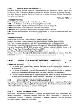 370
UNIT V INNOVATIVE BUSINESS MODELS 9
Innovative Business Models: Customer Discovery-Customer Segments-Prospect Theory and
Developing Value Propositions- Developing Business Models: Elements of Business Models –
Innovative Business Models: Elements, Designing Innovative Business Models- Responsible
Innovation and Creativity.
TOTAL 45 : PERIODS
COURSE OUTCOMES
Upon completion of this course, the student should be able to:
CO 1 Learn the basics of creativity for developing Entrepreneurship
CO 2 Understand the importance of creative inteligence for business growth
CO 3 Understand the advances through Innovation in Industries
CO 4 Learn about applications of innovation in building successful ventures
CO 5 Acquaint with developing innovative business models to run the business effecientlty and
effectively
Suggested Readings:
Creativity and Inovation in Entrepreneurship, Kankha, Sultan Chand
Pradip N Khandwalla, Lifelong Creativity, An Unending Quest, Tata Mc Graw Hill, 2004.
Paul Trott, Innovation Management and New Product Development, 4e, Pearson, 2018.
Vinnie Jauhari, Sudanshu Bhushan, Innovation Management, Oxford Higher Education, 2014.
Innovation Management, C.S.G. Krishnamacharyulu, R. Lalitha, Himalaya Publishing House, 2010.
A. Dale Timpe, Creativity, Jaico Publishing House, 2003.
Brian Clegg, Paul Birch, Creativity, Kogan Page, 2009.
Strategic Innovation: Building and Sustaining Innovative Organizations- Course Era, Raj
Echambadi.
CMG340 PRINCIPLES OF MARKETING MANAGEMENT FOR BUSINESS L T P C
3 0 0 3
COURSE OBJECTIVES:
 To provide basic knowledge of concepts, principles, tools and techniques of marketing for
entrepreneurs
 To provide an exposure to the students pertaining to the nature and Scope of marketing,
which they are expected to possess when they enter the industry as practitioners.
 To give them an understanding of fundamental premise underlying market driven strategies
and the basic philosophies and tools of marketing management for business owners.
UNIT I INTRODUCTION TO MARKETING MANAGEMENT 9
Introduction - Market and Marketing – Concepts- Functions of Marketing - Importance of Marketing
- Marketing Orientations - Marketing Mix-The Traditional 4Ps - The Modern Components of the Mix
- The Additional 3Ps - Developing an Effective Marketing Mix.
UNIT II MARKETING ENVIRONMENT 9
Introduction - Environmental Scanning - Analysing the Organisation’s Micro Environment and
Macro Environment - Differences between Micro and Macro Environment – Techniques of
Environment Scanning - Marketing organization - Marketing Research and the Marketing
Information System, Types and Components.
 