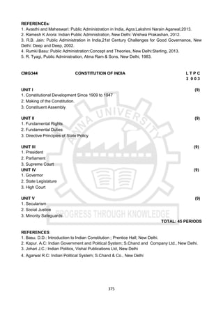 375
REFERENCEs:
1. Avasthi and Maheswari: Public Administration in India, Agra:Lakshmi Narain Agarwal,2013.
2. Ramesh K Arora: Indian Public Administration, New Delhi: Wishwa Prakashan, 2012.
3. R.B. Jain: Public Administration in India,21st Century Challenges for Good Governance, New
Delhi: Deep and Deep, 2002.
4. Rumki Basu: Public Administration:Concept and Theories, New Delhi:Sterling, 2013.
5. R. Tyagi, Public Administration, Atma Ram & Sons, New Delhi, 1983.
CMG344 CONSTITUTION OF INDIA L T P C
3 0 0 3
UNIT I (9)
1. Constitutional Development Since 1909 to 1947
2. Making of the Constitution.
3. Constituent Assembly
UNIT II (9)
1. Fundamental Rights
2. Fundamental Duties
3. Directive Principles of State Policy
UNIT III (9)
1. President
2. Parliament
3. Supreme Court
UNIT IV (9)
1. Governor
2. State Legislature
3. High Court
UNIT V (9)
1. Secularism
2. Social Justice
3. Minority Safeguards
TOTAL: 45 PERIODS
REFERENCES:
1. Basu. D.D.: Introduction to Indian Constitution ; Prentice Hall; New Delhi.
2. Kapur. A.C: Indian Government and Political System; S.Chand and Company Ltd., New Delhi.
3. Johari J.C.: Indian Politics, Vishal Publications Ltd, New Delhi
4. Agarwal R.C: Indian Political System; S.Chand & Co., New Delhi
 