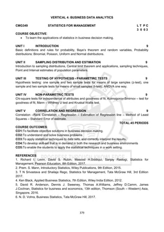 379
VERTICAL 4: BUSINESS DATA ANALYTICS
CMG349 STATISTICS FOR MANAGEMENT L T P C
3 0 0 3
COURSE OBJECTIVE:
 To learn the applications of statistics in business decision making.
UNIT I INTRODUCTION 9
Basic definitions and rules for probability, Baye‘s theorem and random variables, Probability
distributions: Binomial, Poisson, Uniform and Normal distributions.
UNIT II SAMPLING DISTRIBUTION AND ESTIMATION 9
Introduction to sampling distributions, Central limit theorem and applications, sampling techniques,
Point and Interval estimates of population parameters.
UNIT III TESTING OF HYPOTHESIS - PARAMETIRC TESTS 9
Hypothesis testing: one sample and two sample tests for means of large samples (z-test), one
sample and two sample tests for means of small samples (t-test), ANOVA one way.
UNIT IV NON-PARAMETRIC TESTS 9
Chi-square tests for independence of attributes and goodness of fit, Kolmogorov-Smirnov – test for
goodness of fit, Mann – Whitney U test and Kruskal Wallis test.
UNIT V CORRELATION AND REGRESSION 9
Correlation –Rank Correlation – Regression – Estimation of Regression line – Method of Least
Squares – Standard Error of estimate.
TOTAL:45 PERIODS
COURSE OUTCOMES:
CO1:To facilitate objective solutions in business decision making.
CO2:To understand and solve business problems
CO3:To apply statistical techniques to data sets, and correctly interpret the results.
CO4:To develop skill-set that is in demand in both the research and business environments
CO5:To enable the students to apply the statistical techniques in a work setting.
REFERENCES:
1. Richard I. Levin, David S. Rubin, Masood H.Siddiqui, Sanjay Rastogi, Statistics for
Management, Pearson Education, 8th Edition, 2017.
2. Prem. S. Mann, Introductory Statistics, Wiley Publications, 9th Edition, 2015.
3. T N Srivastava and Shailaja Rego, Statistics for Management, Tata McGraw Hill, 3rd Edition
2017.
4. Ken Black, Applied Business Statistics, 7th Edition, Wiley India Edition, 2012.
5. David R. Anderson, Dennis J. Sweeney, Thomas A.Williams, Jeffrey D.Camm, James
J.Cochran, Statistics for business and economics, 13th edition, Thomson (South – Western) Asia,
Singapore, 2016.
6. N. D. Vohra, Business Statistics, Tata McGraw Hill, 2017.
 