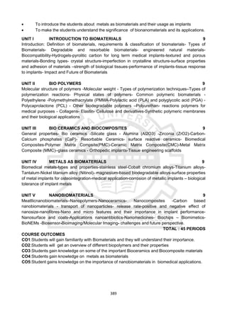 389
 To introduce the students about metals as biomaterials and their usage as implants
 To make the students understand the significance of bionanomaterials and its applications.
UNIT I INTRODUCTION TO BIOMATERIALS 9
Introduction: Definition of biomaterials, requirements & classification of biomaterials- Types of
Biomaterials- Degradable and resorbable biomaterials- engineered natural materials-
Biocompatibility-Hydrogels-pyrolitic carbon for long term medical implants-textured and porous
materials-Bonding types- crystal structure-imperfection in crystalline structure-surface properties
and adhesion of materials –strength of biological tissues-performance of implants-tissue response
to implants- Impact and Future of Biomaterials
UNIT II BIO POLYMERS 9
Molecular structure of polymers -Molecular weight - Types of polymerization techniques–Types of
polymerization reactions- Physical states of polymers- Common polymeric biomaterials -
Polyethylene -Polymethylmethacrylate (PMMA-Polylactic acid (PLA) and polyglycolic acid (PGA) -
Polycaprolactone (PCL) - Other biodegradable polymers –Polyurethan- reactions polymers for
medical purposes - Collagens- Elastin- Cellulose and derivatives-Synthetic polymeric membranes
and their biological applications
UNIT III BIO CERAMICS AND BIOCOMPOSITES 9
General properties- Bio ceramics -Silicate glass - Alumina (Al2O3) -Zirconia (ZrO2)-Carbon-
Calcium phosphates (CaP)- Resorbable Ceramics- surface reactive ceramics- Biomedical
Composites-Polymer Matrix Compsite(PMC)-Ceramic Matrix Composite(CMC)-Metal Matrix
Composite (MMC)–glass ceramics - Orthopedic implants-Tissue engineering scaffolds
UNIT IV METALS AS BIOMATERIALS 9
Biomedical metals-types and properties-stainless steel-Cobalt chromium alloys-Titanium alloys-
Tantalum-Nickel titanium alloy (Nitinol)- magnesium-based biodegradable alloys-surface properties
of metal implants for osteointegration-medical application-corrosion of metallic implants – biological
tolerance of implant metals
UNIT V NANOBIOMATERIALS 9
Meatllicnanobiomaterials–Nanopolymers-Nanoceramics- Nanocomposites -Carbon based
nanobiomaterials - transport of nanoparticles- release rate-positive and negative effect of
nanosize-nanofibres-Nano and micro features and their importance in implant performance-
Nanosurface and coats-Applications nanoantibiotics-Nanomedicines- Biochips – Biomimetics-
BioNEMs -Biosensor-Bioimaging/Molecular Imaging- challenges and future perspective.
TOTAL : 45 PERIODS
COURSE OUTCOMES
CO1:Students will gain familiarity with Biomaterials and they will understand their importance.
CO2:Students will get an overview of different biopolymers and their properties
CO3:Students gain knowledge on some of the important Bioceramics and Biocomposite materials
CO4:Students gain knowledge on metals as biomaterials
CO5:Student gains knowledge on the importance of nanobiomaterials in biomedical applications.
 