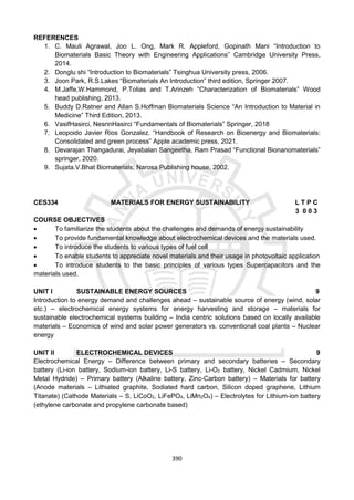 390
REFERENCES
1. C. Mauli Agrawal, Joo L. Ong, Mark R. Appleford, Gopinath Mani “Introduction to
Biomaterials Basic Theory with Engineering Applications” Cambridge University Press,
2014.
2. Donglu shi “Introduction to Biomaterials” Tsinghua University press, 2006.
3. Joon Park, R.S.Lakes “Biomaterials An Introduction” third edition, Springer 2007.
4. M.Jaffe,W.Hammond, P.Tolias and T.Arinzeh “Characterization of Biomaterials” Wood
head publishing, 2013.
5. Buddy D.Ratner and Allan S.Hoffman Biomaterials Science “An Introduction to Material in
Medicine” Third Edition, 2013.
6. VasifHasirci, NesrinHasirci “Fundamentals of Biomaterials” Springer, 2018
7. Leopoido Javier Rios Gonzalez. “Handbook of Research on Bioenergy and Biomaterials:
Consolidated and green process” Apple academic press, 2021.
8. Devarajan Thangadurai, Jeyabalan Sangeetha, Ram Prasad “Functional Bionanomaterials”
springer, 2020.
9. Sujata.V.Bhat Biomaterials; Narosa Publishing house, 2002.
CES334 MATERIALS FOR ENERGY SUSTAINABILITY L T P C
3 0 0 3
COURSE OBJECTIVES
 To familiarize the students about the challenges and demands of energy sustainability
 To provide fundamental knowledge about electrochemical devices and the materials used.
 To introduce the students to various types of fuel cell
 To enable students to appreciate novel materials and their usage in photovoltaic application
 To introduce students to the basic principles of various types Supercapacitors and the
materials used.
UNIT I SUSTAINABLE ENERGY SOURCES 9
Introduction to energy demand and challenges ahead – sustainable source of energy (wind, solar
etc.) – electrochemical energy systems for energy harvesting and storage – materials for
sustainable electrochemical systems building – India centric solutions based on locally available
materials – Economics of wind and solar power generators vs. conventional coal plants – Nuclear
energy
UNIT II ELECTROCHEMICAL DEVICES 9
Electrochemical Energy – Difference between primary and secondary batteries – Secondary
battery (Li-ion battery, Sodium-ion battery, Li-S battery, Li-O2 battery, Nickel Cadmium, Nickel
Metal Hydride) – Primary battery (Alkaline battery, Zinc-Carbon battery) – Materials for battery
(Anode materials – Lithiated graphite, Sodiated hard carbon, Silicon doped graphene, Lithium
Titanate) (Cathode Materials – S, LiCoO2, LiFePO4, LiMn2O4) – Electrolytes for Lithium-ion battery
(ethylene carbonate and propylene carbonate based)
 