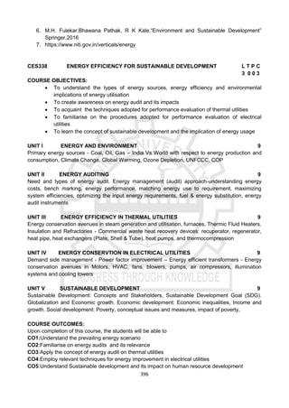 396
6. M.H. Fulekar,Bhawana Pathak, R K Kale,“Environment and Sustainable Development”
Springer,2016
7. https://www.niti.gov.in/verticals/energy
CES338 ENERGY EFFICIENCY FOR SUSTAINABLE DEVELOPMENT L T P C
3 0 0 3
COURSE OBJECTIVES:
 To understand the types of energy sources, energy efficiency and environmental
implications of energy utilisation
 To create awareness on energy audit and its impacts
 To acquaint the techniques adopted for performance evaluation of thermal utilities
 To familiarise on the procedures adopted for performance evaluation of electrical
utilities
 To learn the concept of sustainable development and the implication of energy usage
UNIT I ENERGY AND ENVIRONMENT 9
Primary energy sources - Coal, Oil, Gas – India Vs World with respect to energy production and
consumption, Climate Change, Global Warming, Ozone Depletion, UNFCCC, COP
UNIT II ENERGY AUDITING 9
Need and types of energy audit. Energy management (audit) approach-understanding energy
costs, bench marking, energy performance, matching energy use to requirement, maximizing
system efficiencies, optimizing the input energy requirements, fuel & energy substitution, energy
audit instruments
UNIT III ENERGY EFFICIENCY IN THERMAL UTILITIES 9
Energy conservation avenues in steam generation and utilisation, furnaces, Thermic Fluid Heaters.
Insulation and Refractories - Commercial waste heat recovery devices: recuperator, regenerator,
heat pipe, heat exchangers (Plate, Shell & Tube), heat pumps, and thermocompression
UNIT IV ENERGY CONSERVTION IN ELECTRICAL UTILITIES 9
Demand side management - Power factor improvement – Energy efficient transformers - Energy
conservation avenues in Motors, HVAC, fans, blowers, pumps, air compressors, illumination
systems and cooling towers
UNIT V SUSTAINABLE DEVELOPMENT 9
Sustainable Development: Concepts and Stakeholders, Sustainable Development Goal (SDG).
Globalization and Economic growth. Economic development: Economic inequalities, Income and
growth. Social development: Poverty, conceptual issues and measures, impact of poverty,
COURSE OUTCOMES:
Upon completion of this course, the students will be able to
CO1:Understand the prevailing energy scenario
CO2:Familiarise on energy audits and its relevance
CO3:Apply the concept of energy audit on thermal utilities
CO4:Employ relevant techniques for energy improvement in electrical utilities
CO5:Understand Sustainable development and its impact on human resource development
 