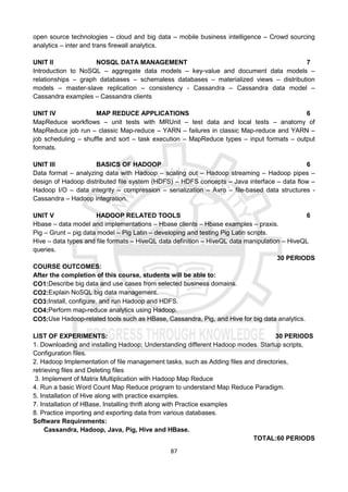 87
open source technologies – cloud and big data – mobile business intelligence – Crowd sourcing
analytics – inter and trans firewall analytics.
UNIT II NOSQL DATA MANAGEMENT 7
Introduction to NoSQL – aggregate data models – key-value and document data models –
relationships – graph databases – schemaless databases – materialized views – distribution
models – master-slave replication – consistency - Cassandra – Cassandra data model –
Cassandra examples – Cassandra clients
UNIT IV MAP REDUCE APPLICATIONS 6
MapReduce workflows – unit tests with MRUnit – test data and local tests – anatomy of
MapReduce job run – classic Map-reduce – YARN – failures in classic Map-reduce and YARN –
job scheduling – shuffle and sort – task execution – MapReduce types – input formats – output
formats.
UNIT III BASICS OF HADOOP 6
Data format – analyzing data with Hadoop – scaling out – Hadoop streaming – Hadoop pipes –
design of Hadoop distributed file system (HDFS) – HDFS concepts – Java interface – data flow –
Hadoop I/O – data integrity – compression – serialization – Avro – file-based data structures -
Cassandra – Hadoop integration.
UNIT V HADOOP RELATED TOOLS 6
Hbase – data model and implementations – Hbase clients – Hbase examples – praxis.
Pig – Grunt – pig data model – Pig Latin – developing and testing Pig Latin scripts.
Hive – data types and file formats – HiveQL data definition – HiveQL data manipulation – HiveQL
queries.
30 PERIODS
COURSE OUTCOMES:
After the completion of this course, students will be able to:
CO1:Describe big data and use cases from selected business domains.
CO2:Explain NoSQL big data management.
CO3:Install, configure, and run Hadoop and HDFS.
CO4:Perform map-reduce analytics using Hadoop.
CO5:Use Hadoop-related tools such as HBase, Cassandra, Pig, and Hive for big data analytics.
LIST OF EXPERIMENTS: 30 PERIODS
1. Downloading and installing Hadoop; Understanding different Hadoop modes. Startup scripts,
Configuration files.
2. Hadoop Implementation of file management tasks, such as Adding files and directories,
retrieving files and Deleting files
3. Implement of Matrix Multiplication with Hadoop Map Reduce
4. Run a basic Word Count Map Reduce program to understand Map Reduce Paradigm.
5. Installation of Hive along with practice examples.
7. Installation of HBase, Installing thrift along with Practice examples
8. Practice importing and exporting data from various databases.
Software Requirements:
Cassandra, Hadoop, Java, Pig, Hive and HBase.
TOTAL:60 PERIODS
 