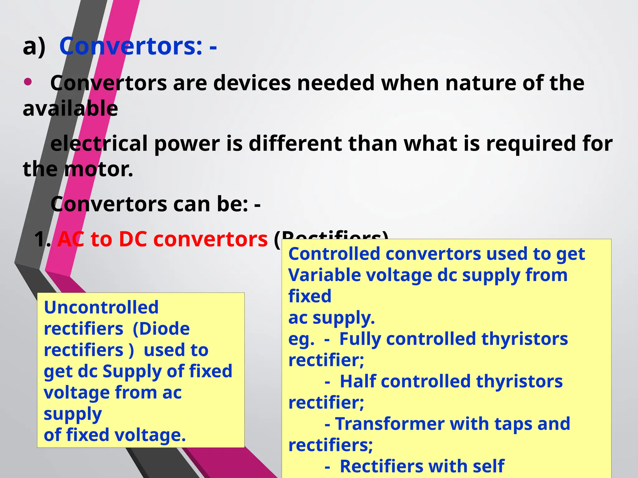 a) Convertors: -
• Convertors are devices needed when nature of the
available
electrical power is different than what is required for
the motor.
Convertors can be: -
1. AC to DC convertors (Rectifiers)
Uncontrolled
rectifiers (Diode
rectifiers ) used to
get dc Supply of fixed
voltage from ac
supply
of fixed voltage.
Controlled convertors used to get
Variable voltage dc supply from
fixed
ac supply.
eg. - Fully controlled thyristors
rectifier;
- Half controlled thyristors
rectifier;
- Transformer with taps and
rectifiers;
- Rectifiers with self
 