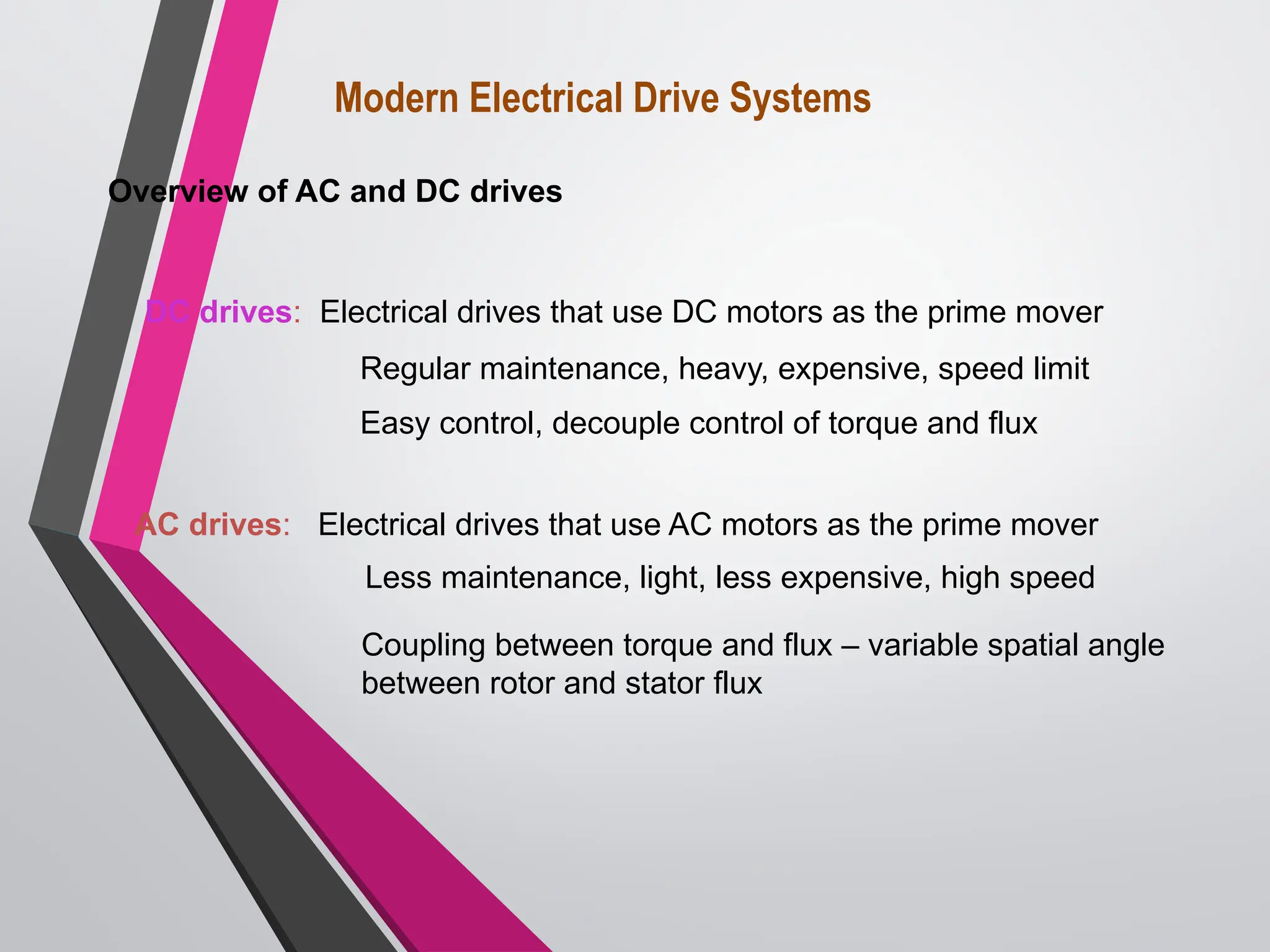 DC drives: Electrical drives that use DC motors as the prime mover
Regular maintenance, heavy, expensive, speed limit
AC drives: Electrical drives that use AC motors as the prime mover
Less maintenance, light, less expensive, high speed
Modern Electrical Drive Systems
Overview of AC and DC drives
Easy control, decouple control of torque and flux
Coupling between torque and flux – variable spatial angle
between rotor and stator flux
 