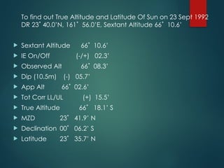 To find out True Altitude and Latitude Of Sun on 23 Sept 1992
DR 23˚ 40.0’N, 161˚ 56.0’E, Sextant Altitude 66˚ 10.6’
 Sextant Altitude 66˚ 10.6’
 IE On/Off (-/+) 02.3’
 Observed Alt 66˚ 08.3’
 Dip (10.5m) (-) 05.7’
 App Alt 66˚ 02.6’
 Tot Corr LL/UL (+) 15.5’
 True Altitude 66˚ 18.1’ S
 MZD 23˚ 41.9’ N
 Declination 00˚ 06.2’ S
 Latitude 23˚ 35.7’ N
 