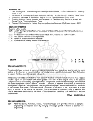 116
REFERENCES:
1. The Nonreligious: Understanding Secular People and Societies, Luke W. Galen Oxford University
Press, 2016.
2. Secularism: A Dictionary of Atheism, Bullivant, Stephen; Lee, Lois, Oxford University Press, 2016.
3. The Oxford Handbook of Secularism, John R. Shook, Oxford University Press, 2017.
4. The Civic Culture: Political Attitudes and Democracy in Five Nations by Gabriel A. Almond and
Sidney Verba, Princeton University Press,
5. Research Methodology for Natural Sciences by Soumitro Banerjee, IISc Press, January 2022
COURSE OUTCOMES
Students will be able to
CO1 : Identify the importance of democratic, secular and scientific values in harmonious functioning
of social life
CO2 : Practice democratic and scientific values in both their personal and professional life.
CO3 : Find rational solutions to social problems.
CO4 : Behave in an ethical manner in society
CO5 : Practice critical thinking and the pursuit of truth.
EE3811 PROJECT WORK / INTERNSHIP L
0
T
0
P
20
C
10
COURSE OBJECTIVES:
The student should be made to learn methodology to select a good project and able to work in a team
leading to development of hardware/software product.prepare a good technical report. Gain Motivation
to present the ideas behind the project with clarity.
A Project topic must be selected either from research literature or the students themselves may propose
suitable topics in consultation with their guides. The aim of the project work is to deepen
Comprehension of principles by applying them to a new problem which may be the design /fabrication of
any power component / circuit / sensor / Activator / Controller, a research investigation, a computer or
management project or a design problem. The progress of the project is evaluated based on a minimum
of two reviews. The review committee may be constituted by the Head of the Department. A project
report is required at the end of the semester. The project work is evaluated jointly by external and
internal examiners constituted by the Head of the Department based on oral presentation and the
project report.
TOTAL : 300 PERIODS
COURSE OUTCOMES:
CO1 Ability to identify, formulate, design, interprete,analyze and provide solutions to complex
engineering and societal issues by applying knowledge gained on basics of science and
Enginnering.
 