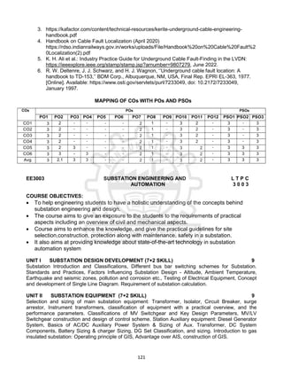121
3. https://kafactor.com/content/technical-resources/kerite-underground-cable-engineering-
handbook.pdf
4. Handbook on Cable Fault Localization (April 2020)
https://rdso.indianrailways.gov.in/works/uploads/File/Handbook%20on%20Cable%20Fault%2
0Localization(2).pdf
5. K. H. Ali et al.: Industry Practice Guide for Underground Cable Fault-Finding in the LVDN:
https://ieeexplore.ieee.org/stamp/stamp.jsp?arnumber=9807279, June 2022.
6. R. W. Deltenre, J. J. Schwarz, and H. J. Wagnon, ‘‘Underground cable fault location: A
handbook to TD-153,’’ BDM Corp., Albuquerque, NM, USA, Final Rep. EPRI EL-363, 1977.
[Online]. Available: https://www.osti.gov/servlets/purl/7233049, doi: 10.2172/7233049,
January 1997.
MAPPING OF COs WITH POs AND PSOs
COs POs PSOs
PO1 PO2 PO3 PO4 PO5 PO6 PO7 PO8 PO9 PO10 PO11 PO12 PSO1 PSO2 PSO3
CO1 3 2 - - - - 2 1 - 3 2 - 3 - 3
CO2 3 2 - - - - 2 1 - 3 2 - 3 - 3
CO3 3 2 - - - - 2 1 - 3 2 - 3 - 3
CO4 3 2 - - - - 2 1 - 3 2 - 3 - 3
CO5 3 2 3 - - - 2 1 - 3 2 - 3 3 3
CO6 3 3 - 3 - - 2 1 - 3 2 - 3 3 3
Avg 3 2.1 3 3 - - 2 1 - 3 2 - 3 3 3
EE3003 SUBSTATION ENGINEERING AND L T P C
AUTOMATION 3 0 0 3
COURSE OBJECTIVES:
 To help engineering students to have a holistic understanding of the concepts behind
substation engineering and design.
 The course aims to give an exposure to the students to the requirements of practical
aspects including an overview of civil and mechanical aspects.
 Course aims to enhance the knowledge, and give the practical guidelines for site
selection,construction, protection along with maintenance, safety in a substation.
 It also aims at providing knowledge about state-of-the-art technology in substation
automation system
UNIT I SUBSTATION DESIGN DEVELOPMENT (7+2 SKILL) 9
Substation Introduction and Classifications, Different bus bar switching schemes for Substation.
Standards and Practices, Factors Influencing Substation Design - Altitude, Ambient Temperature,
Earthquake and seismic zones, pollution and corrosion etc., Testing of Electrical Equipment, Concept
and development of Single Line Diagram. Requirement of substation calculation.
UNIT II SUBSTATION EQUIPMENT (7+2 SKILL) 9
Selection and sizing of main substation equipment: Transformer, Isolator, Circuit Breaker, surge
arrestor, Instrument transformers, classification of equipment with a practical overview, and the
performance parameters. Classifications of MV Switchgear and Key Design Parameters, MV/LV
Switchgear construction and design of control scheme. Station Auxiliary equipment: Diesel Generator
System, Basics of AC/DC Auxiliary Power System & Sizing of Aux. Transformer, DC System
Components, Battery Sizing & charger Sizing, DG Set Classification, and sizing. Introduction to gas
insulated substation: Operating principle of GIS, Advantage over AIS, construction of GIS.
 