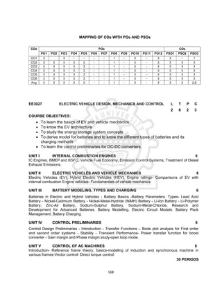 168
MAPPING OF COs WITH POs AND PSOs
COs POs COs
PO1 PO2 PO3 PO4 PO5 PO6 PO7 PO8 PO9 PO10 PO11 PO12 PSO1 PSO2 PSO3
CO1 3 3 - - - - 1 - 3 - 3 3 - 1
CO2 3 3 3 3 3 - - 1 - 3 - 3 3 3 3
CO3 3 3 3 3 3 - - 1 - 3 - 3 3 3 3
CO4 3 3 3 3 3 - - 1 - 3 - 3 3 3 3
CO5 3 3 3 3 3 - - 1 - 3 - 3 3 3 3
CO6 3 3 3 3 3 - - 1 - 3 - 3 3 3 3
Avg 3 3 3 3 3 - - 1 - 3 - 3 3 3 2.6
EE3027 ELECTRIC VEHICLE DESIGN, MECHANICS AND CONTROL L T P C
2 0 2 3
COURSE OBJECTIVES:
 To learn the basics of EV and vehicle mechanics
 To know the EV architecture
 To study the energy storage system concepts
 To derive model for batteries and to know the different types of batteries and its
charging methods
 To learn the control preliminaries for DC-DC converters.
UNIT I INTERNAL COMBUSTION ENGINES 6
IC Engines, BMEP and BSFC, Vehicle Fuel Economy, Emission Control Systems, Treatment of Diesel
Exhaust Emissions.
UNIT II ELECTRIC VEHICLES AND VEHICLE MECHANICS 6
Electric Vehicles (EV), Hybrid Electric Vehicles (HEV), Engine ratings- Comparisons of EV with
internal combustion Engine vehicles- Fundamentals of vehicle mechanics.
UNIT III BATTERY MODELING, TYPES AND CHARGING 6
Batteries in Electric and Hybrid Vehicles - Battery Basics -Battery Parameters. Types- Lead Acid
Battery - Nickel-Cadmium Battery - Nickel-Metal-Hydride (NiMH) Battery - Li-Ion Battery - Li-Polymer
Battery, Zinc-Air Battery, Sodium-Sulphur Battery, Sodium-Metal-Chloride, Research and
Development for Advanced Batteries. Battery Modelling, Electric Circuit Models. Battery Pack
Management, Battery Charging.
UNIT IV CONTROL PRELIMINARIES 6
Control Design Preliminaries - Introduction - Transfer Functions – Bode plot analysis for First order
and second order systems - Stability - Transient Performance- Power transfer function for boost
converter - Gain margin and Phase margin study-open loop mode.
UNIT V CONTROL OF AC MACHINES 6
Introduction- Reference frame theory, basics-modeling of induction and synchronous machine in
various frames-Vector control- Direct torque control.
30 PERIODS
 