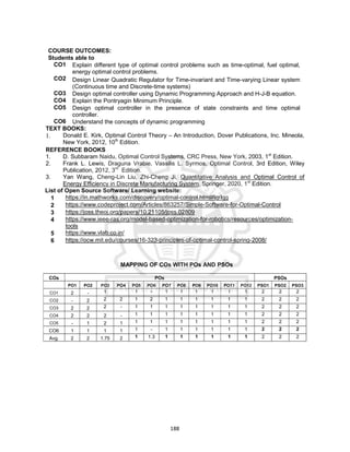 188
COURSE OUTCOMES:
Students able to
CO1 Explain different type of optimal control problems such as time-optimal, fuel optimal,
energy optimal control problems.
CO2 Design Linear Quadratic Regulator for Time-invariant and Time-varying Linear system
(Continuous time and Discrete-time systems)
CO3 Design optimal controller using Dynamic Programming Approach and H-J-B equation.
CO4 Explain the Pontryagin Minimum Principle.
CO5 Design optimal controller in the presence of state constraints and time optimal
controller.
CO6 Understand the concepts of dynamic programming
TEXT BOOKS:
1. Donald E. Kirk, Optimal Control Theory – An Introduction, Dover Publications, Inc. Mineola,
New York, 2012, 10th
Edition.
REFERENCE BOOKS
1. D. Subbaram Naidu, Optimal Control Systems, CRC Press, New York, 2003, 1st
Edition.
2. Frank L. Lewis, Draguna Vrabie, Vassilis L. Syrmos, Optimal Control, 3rd Edition, Wiley
Publication, 2012, 3rd
Edition.
3. Yan Wang, Cheng-Lin Liu, Zhi-Cheng Ji, Quantitative Analysis and Optimal Control of
Energy Efficiency in Discrete Manufacturing System, Springer, 2020, 1st
Edition.
List of Open Source Software/ Learning website:
1 https://in.mathworks.com/discovery/optimal-control.html#lqrlqg
2 https://www.codeproject.com/Articles/863257/Simple-Software-for-Optimal-Control
3 https://joss.theoj.org/papers/10.21105/joss.02809
4 https://www.ieee-ras.org/model-based-optimization-for-robotics/resources/optimization-
tools
5 https://www.vlab.co.in/
6 https://ocw.mit.edu/courses/16-323-principles-of-optimal-control-spring-2008/
MAPPING OF COs WITH POs AND PSOs
COs POs PSOs
PO1 PO2 PO3 PO4 PO5 PO6 PO7 PO8 PO9 PO10 PO11 PO12 PSO1 PSO2 PSO3
CO1 2 - 1 1 - 1 1 1 1 1 1 2 2 2
CO2 - 2 2 2 1 2 1 1 1 1 1 1 2 2 2
CO3 2 2 2 - 1 1 1 1 1 1 1 1 2 2 2
CO4 2 2 2 - 1 1 1 1 1 1 1 1 2 2 2
CO5 - 1 2 1 1 1 1 1 1 1 1 1 2 2 2
CO6 1 1 1 1 1 - 1 1 1 1 1 1 2 2 2
Avg. 2 2 1.75 2 1 1.3 1 1 1 1 1 1 2 2 2
 