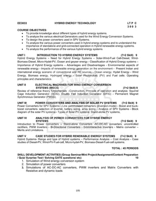 195
EE3033 HYBRID ENERGY TECHNOLOGY LT P C
3 0 0 3
COURSE OBJECTIVES:
 To provide knowledge about different types of hybrid energy systems.
 To analyze the various electrical Generators used for the Wind Energy Conversion Systems.
 To design the power converters used in SPV Systems.
 To analyze the various power converters used in hybrid energy systems and to understand the
importance of standalone and grid-connected operation in Hybrid renewable energy systems.
 To analyze the performance of the various hybrid energy systems
UNIT I INTRODUCTION TO HYBRID ENERGY SYSTEMS (7+2 Skill) 9
Hybrid Energy Systems – Need for Hybrid Energy Systems – Solar-Wind-Fuel Cell-Diesel, Wind-
Biomass-Diesel, Micro-Hydel-PV, Ocean and geyser energy - Classification of Hybrid Energy systems –
Importance of Hybrid Energy systems – Advantages and Disadvantages - Environmental aspects of
renewable energy - Impacts of renewable energy generation on the environment - Present Indian and
international energy scenario of conventional and RE sources - Ocean energy, Hydel Energy - Wind
Energy, Biomass energy, Hydrogen energy - Solar Photovoltaic (PV) and Fuel cells: Operating
principles and characteristics.
UNIT II ELECTRICAL MACHINES FOR WIND ENERGY CONVERSION
SYSTEMS (WECS) (7+2 Skill) 9
Review of reference theory fundamentals –Construction, Principle of operation and analysis: Squirrel
Cage Induction Generator (SCIG), Doubly Fed Induction Generator (DFIG) - Permanent Magnet
Synchronous Generator (PMSG).
UNIT III POWER CONVERTERS AND ANALYSIS OF SOLAR PV SYSTEMS (7+2 Skill) 9
Power Converters for SPV Systems - Line commutated converters (inversion-mode) - Boost and buck-
boost converters- selection of inverter, battery sizing, array sizing - Analysis of SPV Systems - Block
diagram of the solar PV systems - Types of Solar PV systems: Stand-alone PV systems,
UNIT IV ANALYSIS OF POWER CONVERTERS FOR HYBRID ENERGY
SYSTEMS (7+2 Skill) 9
Introduction to Power Converters – Stand-alone Converters -AC-DC-AC converters: uncontrolled
rectifiers, PWM Inverters - Bi-Directional Converters - Grid-Interactive Inverters - Matrix converter –
Merits and Limitations.
UNIT V CASE STUDIES FOR HYBRID RENEWABLE ENERGY SYSTEMS (7+2 Skill) 9
Hybrid Systems- Range and type of Hybrid systems – Performance Analysis – Cost Analysis - Case
studies of Diesel-PV, Wind-PV-Fuel-cell, Micro-hydel-PV, Biomass-Diesel-Fuel-cell systems.
TOTAL : 45 PERIODS
SKILL DEVELOPMENT ACTIVITIES (Group Seminar/Mini Project/Assignment/Content Preparation
/ Quiz/ Surprise Test / Solving GATE questions/ etc) 10
1. Simulation of Wind energy conversion system
2. Simulation of power converters
3. Simulations of AC-DC-AC converters, PWM inverters and Matrix Converters with
Resistive and dynamic loads
 