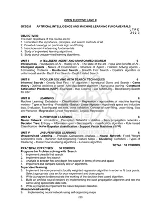 229
OPEN ELECTIVE I AND II
OCS351 ARTIFICIAL INTELLIGENCE AND MACHINE LEARNING FUNDAMENTALS
L T P C
2 0 2 3
OBJECTIVES:
The main objectives of this course are to:
1. Understand the importance, principles, and search methods of AI
2. Provide knowledge on predicate logic and Prolog.
3. Introduce machine learning fundamentals
4. Study of supervised learning algorithms.
5. Study about unsupervised learning algorithms.
UNIT I INTELLIGENT AGENT AND UNINFORMED SEARCH 6
Introduction - Foundations of AI - History of AI - The state of the art - Risks and Benefits of AI -
Intelligent Agents - Nature of Environment - Structure of Agent - Problem Solving Agents -
Formulating Problems - Uninformed Search - Breadth First Search - Dijkstra's algorithm or
uniform-cost search - Depth First Search - Depth Limited Search
UNIT II PROBLEM SOLVING WITH SEARCH TECHNIQUES 6
Informed Search - Greedy Best First - A* algorithm - Adversarial Game and Search - Game
theory - Optimal decisions in game - Min Max Search algorithm - Alpha-beta pruning - Constraint
Satisfaction Problems (CSP) - Examples - Map Coloring - Job Scheduling - Backtracking Search
for CSP
UNIT III LEARNING 6
Machine Learning: Definitions – Classification - Regression - approaches of machine learning
models - Types of learning - Probability - Basics - Linear Algebra – Hypothesis space and inductive
bias, Evaluation. Training and test sets, cross validation, Concept of over fitting, under fitting, Bias
and Variance - Regression: Linear Regression - Logistic Regression
UNIT IV SUPERVISED LEARNING 6
Neural Network: Introduction, Perceptron Networks – Adaline - Back propagation networks -
Decision Tree: Entropy – Information gain - Gini Impurity - classification algorithm - Rule based
Classification - Naïve Bayesian classification - Support Vector Machines (SVM)
UNIT V UNSUPERVISED LEARNING 6
Unsupervised Learning – Principle Component Analysis - Neural Network: Fixed Weight
Competitive Nets - Kohonen Self-Organizing Feature Maps – Clustering: Definition - Types of
Clustering – Hierarchical clustering algorithms – k-means algorithm
TOTAL : 30 PERIODS
PRACTICAL EXERCISES: 30 PERIODS
Programs for Problem solving with Search
1. Implement breadth first search
2. Implement depth first search
3. Analysis of breadth first and depth first search in terms of time and space
4. Implement and compare Greedy and A* algorithms.
Supervised learning
5. Implement the non-parametric locally weighted regression algorithm in order to fit data points.
Select appropriate data set for your experiment and draw graphs
6. Write a program to demonstrate the working of the decision tree based algorithm.
7. Build an artificial neural network by implementing the back propagation algorithm and test the
same using appropriate data sets.
8. Write a program to implement the naïve Bayesian classifier.
Unsupervised learning
9. Implementing neural network using self-organizing maps
 