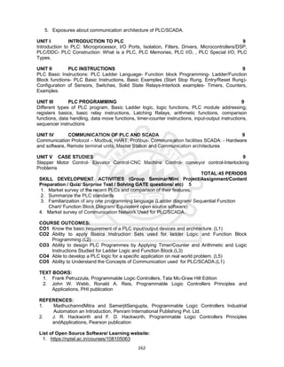262
5. Exposures about communication architecture of PLC/SCADA.
UNIT I INTRODUCTION TO PLC 9
Introduction to PLC: Microprocessor, I/O Ports, Isolation, Filters, Drivers, Microcontrollers/DSP,
PLC/DDC- PLC Construction: What is a PLC, PLC Memories, PLC I/O, , PLC Special I/O, PLC
Types.
UNIT II PLC INSTRUCTIONS 9
PLC Basic Instructions: PLC Ladder Language- Function block Programming- Ladder/Function
Block functions- PLC Basic Instructions, Basic Examples (Start Stop Rung, Entry/Reset Rung)-
Configuration of Sensors, Switches, Solid State Relays-Interlock examples- Timers, Counters,
Examples.
UNIT III PLC PROGRAMMING 9
Different types of PLC program, Basic Ladder logic, logic functions, PLC module addressing,
registers basics, basic relay instructions, Latching Relays, arithmetic functions, comparison
functions, data handling, data move functions, timer-counter instructions, input-output instructions,
sequencer instructions
UNIT IV COMMUNICATION OF PLC AND SCADA 9
Communication Protocol – Modbus, HART, Profibus- Communication facilities SCADA: - Hardware
and software, Remote terminal units, Master Station and Communication architectures
UNIT V CASE STUDIES 9
Stepper Motor Control- Elevator Control-CNC Machine Control- conveyor control-Interlocking
Problems
TOTAL:45 PERIODS
SKILL DEVELOPMENT ACTIVITIES (Group Seminar/Mini Project/Assignment/Content
Preparation / Quiz/ Surprise Test / Solving GATE questions/ etc) 5
1. Market survey of the recent PLCs and comparison of their features.
2. Summarize the PLC standards
3. Familiarization of any one programming language (Ladder diagram/ Sequential Function
Chart/ Function Block Diagram/ Equivalent open source software)
4. Market survey of Communication Network Used for PLC/SCADA.
COURSE OUTCOMES:
CO1 Know the basic requirement of a PLC input/output devices and architecture. (L1)
CO2 Ability to apply Basics Instruction Sets used for ladder Logic and Function Block
Programming.(L2)
CO3 Ability to design PLC Programmes by Applying Timer/Counter and Arithmetic and Logic
Instructions Studied for Ladder Logic and Function BIock.(L3)
CO4 Able to develop a PLC logic for a specific application on real world problem. (L5)
CO5 Ability to Understand the Concepts of Communication used for PLC/SCADA.(L1)
TEXT BOOKS:
1. Frank Petruzzula, Programmable Logic Controllers, Tata Mc-Graw Hill Edition
2. John W. Webb, Ronald A. Reis, Programmable Logic Controllers Principles and
Applications, PHI publication
REFERENCES:
1. MadhuchanndMitra and SamerjitSengupta, Programmable Logic Controllers Industrial
Automation an Introduction, Penram International Publishing Pvt. Ltd.
2. J. R. Hackworth and F. D. Hackworth, Programmable Logic Controllers Principles
andApplications, Pearson publication
List of Open Source Software/ Learning website:
1. https://nptel.ac.in/courses/108105063
 