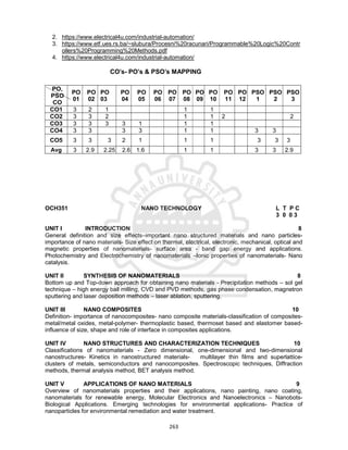 263
2. https://www.electrical4u.com/industrial-automation/
3. https://www.etf.ues.rs.ba/~slubura/Procesni%20racunari/Programmable%20Logic%20Contr
ollers%20Programming%20Methods.pdf
4. https://www.electrical4u.com/industrial-automation/
CO’s- PO’s & PSO’s MAPPING
OCH351 NANO TECHNOLOGY L T P C
3 0 0 3
UNIT I INTRODUCTION 8
General definition and size effects–important nano structured materials and nano particles-
importance of nano materials- Size effect on thermal, electrical, electronic, mechanical, optical and
magnetic properties of nanomaterials- surface area - band gap energy and applications.
Photochemistry and Electrochemistry of nanomaterials –Ionic properties of nanomaterials- Nano
catalysis.
UNIT II SYNTHESIS OF NANOMATERIALS 8
Bottom up and Top-down approach for obtaining nano materials - Precipitation methods – sol gel
technique – high energy ball milling, CVD and PVD methods, gas phase condensation, magnetron
sputtering and laser deposition methods – laser ablation, sputtering.
UNIT III NANO COMPOSITES 10
Definition- importance of nanocomposites- nano composite materials-classification of composites-
metal/metal oxides, metal-polymer- thermoplastic based, thermoset based and elastomer based-
influence of size, shape and role of interface in composites applications.
UNIT IV NANO STRUCTURES AND CHARACTERIZATION TECHNIQUES 10
Classifications of nanomaterials - Zero dimensional, one-dimensional and two-dimensional
nanostructures- Kinetics in nanostructured materials- multilayer thin films and superlattice-
clusters of metals, semiconductors and nanocomposites. Spectroscopic techniques, Diffraction
methods, thermal analysis method, BET analysis method.
UNIT V APPLICATIONS OF NANO MATERIALS 9
Overview of nanomaterials properties and their applications, nano painting, nano coating,
nanomaterials for renewable energy, Molecular Electronics and Nanoelectronics – Nanobots-
Biological Applications. Emerging technologies for environmental applications- Practice of
nanoparticles for environmental remediation and water treatment.
PO,
PSO
CO
PO
01
PO
02
PO
03
PO
04
PO
05
PO
06
PO
07
PO
08
PO
09
PO
10
PO
11
PO
12
PSO
1
PSO
2
PSO
3
CO1 3 2 1 1 1
CO2 3 3 2 1 1 2 2
CO3 3 3 3 3 1 1 1
CO4 3 3 3 3 1 1 3 3
CO5 3 3 3 2 1 1 1 3 3 3
Avg 3 2.9 2.25 2.6 1.6 1 1 3 3 2.9
 