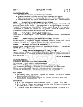 278
OEC351 SIGNALS AND SYSTEMS L T P C
3 0 0 3
COURSE OBJECTIVES :
● To understand the basic properties of signal & systems
● To know the methods of characterization of LTI systems in time domain
● To analyze continuous time signals and system in the Fourier and Laplace domain
● To analyze discrete time signals and system in the Fourier and Z transform domain
UNIT I CLASSIFICATION OF SIGNALS AND SYSTEMS 9
Standard signals- Step, Ramp, Pulse, Impulse, Real and complex exponentials and
Sinusoids_Classification of signals – Continuous time (CT) and Discrete Time (DT) signals,
Periodic & Aperiodic signals, Deterministic & Random signals, Energy & Power signals -
Classification of systems- CT systems and DT systems- – Linear & Nonlinear, Time-
variant& Time-invariant,Causal & Non-causal, Stable & Unstable.
UNIT II ANALYSIS OF CONTINUOUS TIME SIGNALS 9
Fourier series for periodic signals - Fourier Transform – properties- Laplace Transforms and
Properties
UNIT III LINEAR TIME INVARIANT CONTINUOUS TIME SYSTEMS 9
Impulse response - convolution integrals- Differential Equation- Fourier and Laplace
transforms in Analysis of CT systems - Systems connected in series / parallel.
UNIT IV ANALYSIS OF DISCRETE TIME SIGNALS 9
Baseband signal Sampling–Fourier Transform of discrete time signals (DTFT)– Properties
of DTFT - Z Transform & Properties
UNIT V LINEAR TIME INVARIANT-DISCRETE TIME SYSTEMS 9
Impulse response–Difference equations-Convolution sum- Discrete Fourier Transform and
Z Transform Analysis of Recursive & Non-Recursive systems-DT systems connected in
series and parallel.
TOTAL: 45 PERIODS
COURSE OUTCOMES:
At the end of the course, the student will be able to:
CO1:determine if a given system is linear/causal/stable
CO2: determine the frequency components present in a deterministic signal
CO3:characterize continuous LTI systems in the time domain and frequency domain
CO4:characterize discrete LTI systems in the time domain and frequency domain
CO5:compute the output of an LTI system in the time and frequency domains
TEXT BOOKS:
1. Oppenheim, Willsky and Hamid, “Signals and Systems”, 2nd Edition, Pearson
Education, New Delhi, 2015.(Units I - V)
2. Simon Haykin, Barry Van Veen, “Signals and Systems”, 2nd Edition, Wiley, 2002
REFERENCES :
1. B. P. Lathi, “Principles of Linear Systems and Signals”, 2nd
Edition, Oxford, 2009.
2. M. J. Roberts, “Signals and Systems Analysis using Transform methods and
MATLAB”, McGraw- Hill Education, 2018.
3. John Alan Stuller, “An Introduction to Signals and Systems”, Thomson, 2007.
 