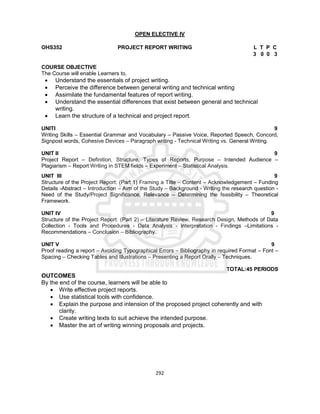 292
OPEN ELECTIVE IV
OHS352 PROJECT REPORT WRITING L T P C
3 0 0 3
COURSE OBJECTIVE
The Course will enable Learners to,
 Understand the essentials of project writing.
 Perceive the difference between general writing and technical writing
 Assimilate the fundamental features of report writing.
 Understand the essential differences that exist between general and technical
writing.
 Learn the structure of a technical and project report.
UNITI 9
Writing Skills – Essential Grammar and Vocabulary – Passive Voice, Reported Speech, Concord,
Signpost words, Cohesive Devices – Paragraph writing - Technical Writing vs. General Writing.
UNIT II 9
Project Report – Definition, Structure, Types of Reports, Purpose – Intended Audience –
Plagiarism – Report Writing in STEM fields – Experiment – Statistical Analysis.
UNIT III 9
Structure of the Project Report: (Part 1) Framing a Title – Content – Acknowledgement – Funding
Details -Abstract – Introduction – Aim of the Study – Background - Writing the research question -
Need of the Study/Project Significance, Relevance – Determining the feasibility – Theoretical
Framework.
UNIT IV 9
Structure of the Project Report: (Part 2) – Literature Review, Research Design, Methods of Data
Collection - Tools and Procedures - Data Analysis - Interpretation - Findings –Limitations -
Recommendations – Conclusion – Bibliography.
UNIT V 9
Proof reading a report – Avoiding Typographical Errors – Bibliography in required Format – Font –
Spacing – Checking Tables and Illustrations – Presenting a Report Orally – Techniques.
TOTAL:45 PERIODS
OUTCOMES
By the end of the course, learners will be able to
 Write effective project reports.
 Use statistical tools with confidence.
 Explain the purpose and intension of the proposed project coherently and with
clarity.
 Create writing texts to suit achieve the intended purpose.
 Master the art of writing winning proposals and projects.
 