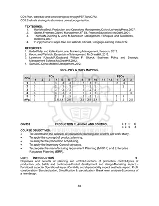 311
CO4:Plan, schedule and control projects through PERTandCPM.
CO5:Evaluate strategyforabusiness orserviceorganisation.
TEXTBOOKS:
1. KanishkaBedi, Production and Operations Management,OxfordUniversityPress,2007.
2. Stoner,Freeman,Gilbert, Management,6th
Ed, PearsonEducation,NewDelhi,2004.
3. ThomasN.Duening & John M.Ivancevich Management Principles and Guidelines,
Biztantra,2007.
4. P.VijayKumar,N.Appa Rao and Ashnab, Chnalill, CengageLearning India,2012.
REFERECES:
1. KotlerPhilip and KellerKevinLane: Marketing Management, Pearson, 2012.
2. KoontzandWeihrich: Essentials of Management, McGrawHill, 2012.
3. Lawrence RJauch,R.Guptaand William F. Glueck: Business Policy and Strategic
Management Science,McGrawHill,2012.
4. SamuelC.Certo:Modern Management,2012.
CO’s- PO’s & PSO’s MAPPING
COs
POs PSOs
1 2 3 4 5 6 7 8 9 10 11 12 1 2 3
1 3 3 3 3 3 3 2 2 3
2 3 2 3 3 2 3 2 2
3 3 3 2 2 3 2 2 2
4 3 3 3 2 3 2 3 3
5 3 2 3 3 2 3 3 2 1
AVg. 3 2.6 2.8 2.6 2.6 2.6 2.4 2 2 2.5
OIM353 PRODUCTION PLANNING AND CONTROL
COURSE OBJECTIVES:
 To understand the concept of production planning and control act work study,
 To apply the concept of product planning,
 To analyze the production scheduling,
 To apply the Inventory Control concepts.
 To prepare the manufacturing requirement Planning (MRP II) and Enterprise
Resource Planning (ERP).
UNIT I INTRODUCTION 9
Objectives and benefits of planning and control-Functions of production control-Types of
production- job- batch and continuous-Product development and design-Marketing aspect -
Functional aspects- Operational aspect-Durability and dependability aspect aesthetic aspect. Profit
consideration- Standardization, Simplification & specialization- Break even analysis-Economics of
a new design.
L T P C
3 0 0 3
 