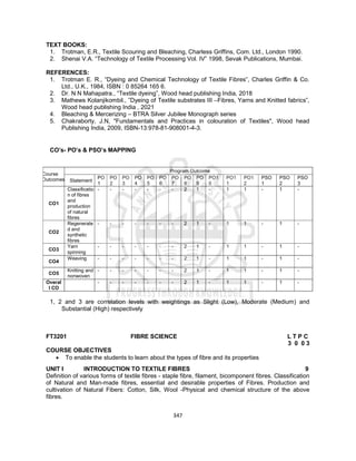 347
TEXT BOOKS:
1. Trotman, E.R., Textile Scouring and Bleaching, Charless Griffins, Com. Ltd., London 1990.
2. Shenai V.A. “Technology of Textile Processing Vol. IV” 1998, Sevak Publications, Mumbai.
REFERENCES:
1. Trotman E. R., “Dyeing and Chemical Technology of Textile Fibres”, Charles Griffin & Co.
Ltd., U.K., 1984, ISBN : 0 85264 165 6.
2. Dr. N N Mahapatra., “Textile dyeing”, Wood head publishing India, 2018
3. Mathews Kolanjikombil., ”Dyeing of Textile substrates III –Fibres, Yarns and Knitted fabrics”,
Wood head publishing India , 2021
4. Bleaching & Mercerizing – BTRA Silver Jubilee Monograph series
5. Chakraborty, J.N, "Fundamentals and Practices in colouration of Textiles", Wood head
Publishing India, 2009, ISBN-13:978-81-908001-4-3.
CO’s- PO’s & PSO’s MAPPING
Course
Outcomes
Program Outcome
Statement
PO
1
PO
2
PO
3
PO
4
PO
5
PO
6
PO
7
PO
8
PO
9
PO1
0
PO1
1
PO1
2
PSO
1
PSO
2
PSO
3
CO1
Classificatio
n of fibres
and
production
of natural
fibres
- - - - - - - 2 1 - 1 1 - 1 -
CO2
Regenerate
d and
synthetic
fibres
- - - - - - - 2 1 - 1 1 - 1 -
CO3
Yarn
spinning
- - - - - - - 2 1 - 1 1 - 1 -
CO4
Weaving - - - - - - - 2 1 - 1 1 - 1 -
CO5
Knitting and
nonwoven
- - - - - - - 2 1 - 1 1 - 1 -
Overal
l CO
- - - - - - - 2 1 - 1 1 - 1 -
1, 2 and 3 are correlation levels with weightings as Slight (Low), Moderate (Medium) and
Substantial (High) respectively
FT3201 FIBRE SCIENCE L T P C
3 0 0 3
COURSE OBJECTIVES
 To enable the students to learn about the types of fibre and its properties
UNIT I INTRODUCTION TO TEXTILE FIBRES 9
Definition of various forms of textile fibres - staple fibre, filament, bicomponent fibres. Classification
of Natural and Man-made fibres, essential and desirable properties of Fibres. Production and
cultivation of Natural Fibers: Cotton, Silk, Wool -Physical and chemical structure of the above
fibres.
 