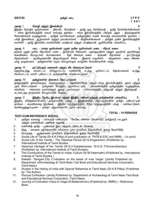 36
GE3152 LT P C
1 0 0 1
3
3
3
3
3
TOTAL : 15 PERIODS
TEXT-CUM-REFERENCE BOOKS
1.
2.
3.
4.
5. Social Life of Tamils (Dr.K.K.Pillay) A joint publication of TNTB & ESC and RMRL – (in print)
6. Social Life of the Tamils - The Classical Period (Dr.S.Singaravelu) (Published by:
International Institute of Tamil Studies.
7. Historical Heritage of the Tamils (Dr.S.V.Subatamanian, Dr.K.D. Thirunavukkarasu)
(Published by: International Institute of Tamil Studies).
8. The Contributions of the Tamils to Indian Culture (Dr.M.Valarmathi) (Published by: International
Institute of Tamil Studies.)
9. Keeladi - ‘Sangam City C ivilization on the banks of river Vaigai’ (Jointly Published by:
Department ofArchaeology & Tamil Nadu Text Book and Educational Services Corporation,
Tamil Nadu)
10. Studies in the History of India with Special Reference to Tamil Nadu (Dr.K.K.Pillay) (Published
by: The Author)
11. Porunai Civilization (Jointly Published by: Department of Archaeology & Tamil Nadu Text Book
and Educational Services Corporation, Tamil Nadu)
12. Journey of Civilization Indus to Vaigai (R.Balakrishnan) (Published by: RMRL) – Reference
Book.
 
