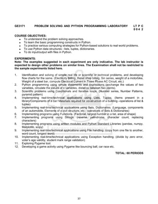 37
GE3171 PROBLEM SOLVING AND PYTHON PROGRAMMING LABORATORY LT P C
0 0 4 2
COURSE OBJECTIVES:
 To understand the problem solving approaches.
 To learn the basic programming constructs in Python.
 To practice various computing strategies for Python-based solutions to real world problems.
 To use Python data structures - lists, tuples, dictionaries.
 To do input/output with files in Python.
EXPERIMENTS:
Note: The examples suggested in each experiment are only indicative. The lab instructor is
expected to design other problems on similar lines. The Examination shall not be restricted to
the sample experiments listed here.
1. Identification and solving of simple real life or scientific or technical problems, and developing
flow charts for the same. (Electricity Billing, Retail shop billing, Sin series, weight of a motorbike,
Weight of a steel bar, compute Electrical Current in Three Phase AC Circuit, etc.)
2. Python programming using simple statements and expressions (exchange the values of two
variables, circulate the values of n variables, distance between two points).
3. Scientific problems using Conditionals and Iterative loops. (Number series, Number Patterns,
pyramid pattern)
4. Implementing real-time/technical applications using Lists, Tuples. (Items present in a
library/Components of a car/ Materials required for construction of a building –operations of list &
tuples)
5. Implementing real-time/technical applications using Sets, Dictionaries. (Language, components
of an automobile, Elements of a civil structure, etc.- operations of Sets & Dictionaries)
6. Implementing programs using Functions. (Factorial, largest number in a list, area of shape)
7. Implementing programs using Strings. (reverse, palindrome, character count, replacing
characters)
8. Implementing programs using written modules and Python Standard Libraries (pandas, numpy.
Matplotlib, scipy)
9. Implementing real-time/technical applications using File handling. (copy from one file to another,
word count, longest word)
10. Implementing real-time/technical applications using Exception handling. (divide by zero error,
voter’s age validity, student mark range validation)
11. Exploring Pygame tool.
12. Developing a game activity using Pygame like bouncing ball, car race etc.
TOTAL: 60 PERIODS
 