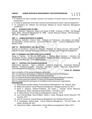373
CMG341 HUMAN RESOURCE MANAGEMENT FOR ENTREPRENEURS L T P C
3 0 0 3
OBJECTIVES:
1. To introduce the basic concepts, structure and functions of human resource management for
entrepreneurs.
2. To create an awareness of the roles, functions and functioning of human resource department.
3. To understand the methods and techniques followed by Human Resource Management
practitioners.
UNIT I INTRODUCTION TO HRM 9
Concept, Definition, Objectives- Nature and Scope of HRM - Evolution of HRM - HR Manager
Roles- Skills - Personnel Management Vs. HRM - Human Resource Policies - HR Accounting -
HR Audit - Challenges in HRM.
UNIT II HUMAN RESOURCE PLANNING 9
HR Planning - Definition - Factors- Tools - Methods and Techniques - Job analysis- Job rotation-
Job Description - Career Planning - Succession Planning - HRIS - Computer Applications in HR -
Recent Trends
UNIT III RECRUITMENT AND SELECTION 9
Sources of recruitment- Internal Vs. External - Domestic Vs. Global Sources -eRecruitment -
Selection Process- Selection techniques -eSelection- Interview Types- Employee Engagement.
UNIT IV TRAINING AND EMPLOYEE DEVELOPMENT 9
Types of Training - On-The-Job, Off-The-Job - Training Needs Analysis – Induction and
Socialisation Process - Employee Compensation - Wages and Salary Administration – Health and
Social Security Measures- Green HRM Practices
UNIT V CONTROLLING HUMAN RESOURCES 9
Performance Appraisal – Types - Methods - Collective Bargaining - Grievances Redressal
Methods – Employee Discipline – Promotion – Demotion - Transfer – Dismissal - Retrenchment -
Union Management Relationship - Recent Trends
TOTAL 45 : PERIODS
Upon completion of this course the learners will be able:
CO 1 To understand the Evolution of HRM and Challenges faced by HR Managers
CO 2 To learn about the HR Planning Methods and practices.
CO 3 To acquaint about the Recruitment and Selection Techniques followed in Industries.
CO 4 To known about the methods of Training and Employee Development.
CO 5 To comprehend the techniques of controlling human resources in organisations.
REFERENCES
1) Gary Dessler and Biju Varkkey, Human Resource Management, 14e , Pearson, 2015.
2) Mathis and Jackson, Human Resource Management, Cengage Learning 15e, 2017.
3) David A. Decenzo, Stephen.P.Robbins, and Susan L. Verhulst, Human Resource
Management, Wiley, International Student Edition, 11th Edition, 2014
4) R. Wayne Mondy, Human Resource Management, Pearson , 2015.
5) Luis R.Gomez-Mejia, David B.Balkin, Robert L Cardy. Managing Human Resource. PHI
Learning. 2012
6) John M. Ivancevich, Human Resource Management,12e, McGraw Hill Irwin,2013.
7) K. Aswathappa, Sadhna Dash , Human Resource Management - Text and Cases , 9th
Edition, McGraw Hill, 2021.
8) Uday Kumar Haldar, Juthika Sarkar. Human Resource management. Oxford. 2012
 