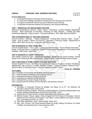 374
CMG342 FINANCING NEW BUSINESS VENTURES L T P C
3 0 0 3
Course Objectives
 To develop the basics of business venture financing.
 To impart the knowledge essential for entrepreneurs for financing new ventures.
 To acquaint the learners with the sources of debt and quity financing.
 To empower the learners towards fund rasiing for new ventures effectively.
UNIT I ESSENTIALS OF NEW BUSINES VENTURE 9
Setting up new Business Ventures – Need - Scope - Franchising - Location Strategy, Registration
Process - State Directorate of Industries- Financing for New Ventures - Central and State
Government Agencies - Types of loans – Financial Institutions - SFC, IDBI, NSIC and SIDCO.
UNIT II INTRODUCTION TO VENTURE FINANCING 9
Venture Finance – Definition – Historic Background - Funding New Ventures- Need – Scope –
Types - Cost of Project - Means of Financing - Estimation of Working Capital - Requirement of
funds – Mix of Dent and Equity - Challenges and Opportunities.
UNIT III SOURCES OF DEBT FINANCING 9
Fund for Capital Assets - Term Loans - Leasing and Hire-Purchase - Money Market instruments –
Bonds, Corporate Papers – Preference Capital- Working Capital Management- Fund based Credit
Facilities - Cash Credit - Over Draft.
UNIT IV SOURCES OF EQUITY FINANCING 9
Own Capital, Unsecured Loan - Government Subsidies , Margin Money- Equity Funding - Private
Equity Fund- Schemes of Commercial banks - Angel Funding – Crowdfunding- Venture Capital.
UNIT V METHODS OF FUND RAISING FOR NEW VENTURES 9
Investor Decision Process - Identifying the appropriate investors- Targeting investors- Developing
Relationships with investors - Investor Selection Criteria- Company Creation- Raising Funds -
Seed Funding- VC Selection Criteria – Process- Methods- Recent Trends
TOTAL 45 : PERIODS
OUTCOMES:
Upon completion of this course, the students should be able to:
CO 1 Learn the basics of starting a new business venture.
CO 2 Understand the basics of venture financing.
CO 3 Understand the sources of debt financing.
CO 4 Understanf the sources of equity financing.
CO 5 Acquaint with the methods of fund raising for new business ventures.
REFERENCES :
1) Principles of Corporate Finance by Brealey and Myers et al.,12TH
ed, McGraw Hill
Education (India) Private Limited, 2018
2) Prasanna Chandra, Projects : Planning ,Analysis,Selection ,Financing,Implementation and
Review, McGraw Hilld Education India Pvt Ltd ,New Delhi , 2019.
3) Introduction to Project Finance. Andrew Fight,Butterworth-Heinemann, 2006.
4) Metrick, Andrew; Yasuda, Ayako. Venture Capital And The Finance Of Innovation. Venture
Capital And The Finance Of Innovation, 2nd Edition, Andrew Metrick And Ayako Yasuda,
Eds., John Wiley And Sons, Inc, 2010.
5) Feld, Brad; Mendelson, Jason. Venture Deals. Wiley, 2011.
6) May, John; Simons, Cal. Every Business Needs An Angel: Getting The Money You Need
To Make Your Business Grow. Crown Business, 2001.
 