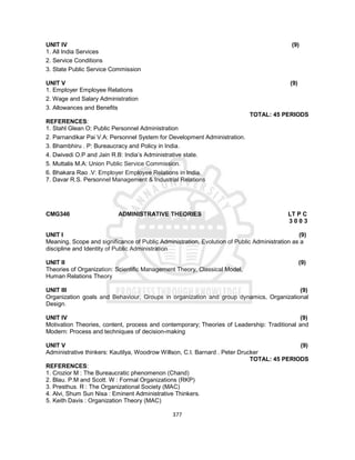377
UNIT IV (9)
1. All India Services
2. Service Conditions
3. State Public Service Commission
UNIT V (9)
1. Employer Employee Relations
2. Wage and Salary Administration
3. Allowances and Benefits
TOTAL: 45 PERIODS
REFERENCES:
1. Stahl Glean O: Public Personnel Administration
2. Parnandikar Pai V.A: Personnel System for Development Administration.
3. Bhambhiru . P: Bureaucracy and Policy in India.
4. Dwivedi O.P and Jain R.B: India’s Administrative state.
5. Muttalis M.A: Union Public Service Commission.
6. Bhakara Rao .V: Employer Employee Relations in India.
7. Davar R.S. Personnel Management & Industrial Relations
CMG346 ADMINISTRATIVE THEORIES LT P C
3 0 0 3
UNIT I (9)
Meaning, Scope and significance of Public Administration, Evolution of Public Administration as a
discipline and Identity of Public Administration
UNIT II (9)
Theories of Organization: Scientific Management Theory, Classical Model,
Human Relations Theory
UNIT III (9)
Organization goals and Behaviour, Groups in organization and group dynamics, Organizational
Design.
UNIT IV (9)
Motivation Theories, content, process and contemporary; Theories of Leadership: Traditional and
Modern: Process and techniques of decision-making
UNIT V (9)
Administrative thinkers: Kautilya, Woodrow Willson, C.I. Barnard . Peter Drucker
TOTAL: 45 PERIODS
REFERENCES:
1. Crozior M : The Bureaucratic phenomenon (Chand)
2. Blau. P.M and Scott. W : Formal Organizations (RKP)
3. Presthus. R : The Organizational Society (MAC)
4. Alvi, Shum Sun Nisa : Eminent Administrative Thinkers.
5. Keith Davis : Organization Theory (MAC)
 